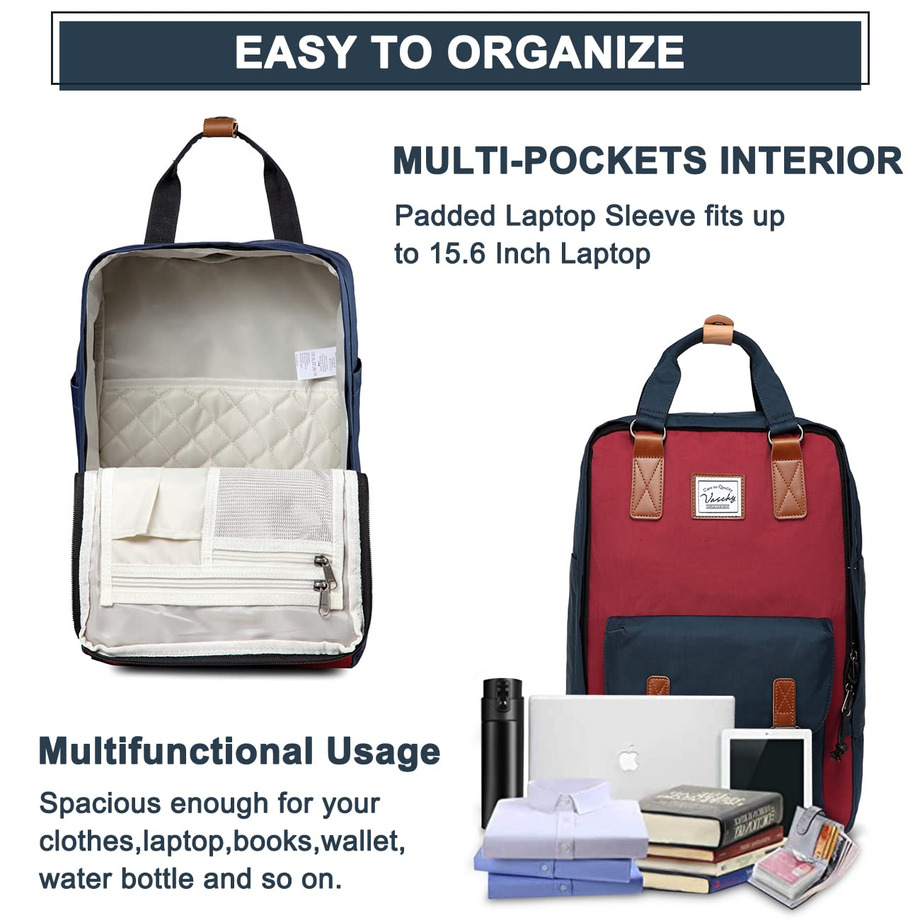 VASCHY Unisex Travel Backpack for Men & Women - Lightweight Carry-On Luggage Rucksack, Navy Wine, One Size - Perfect for Airplane, Hiking, Camping & Daily Commute