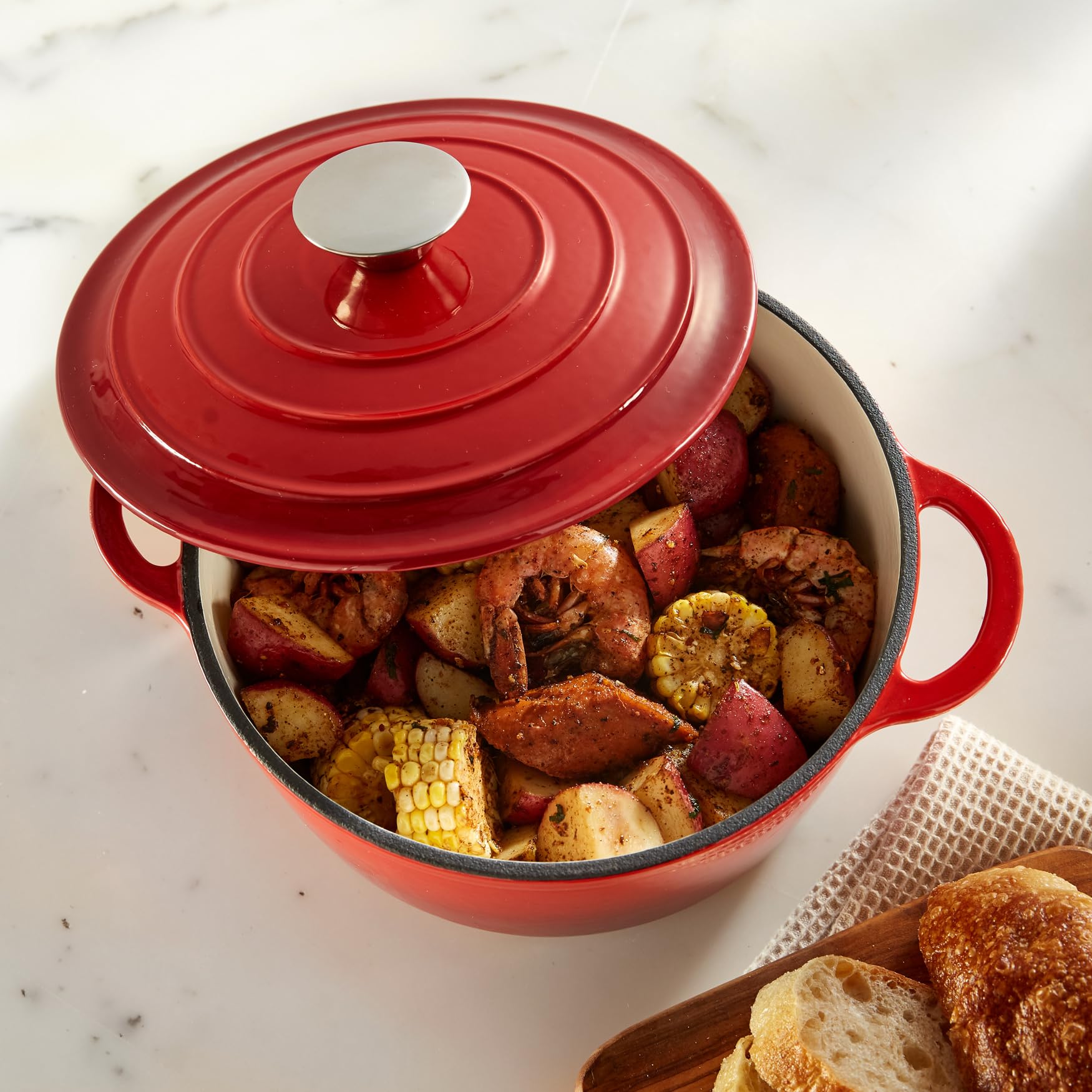 BrylaneHome 2.8 Quart Cast Iron Casserole Dish with Lid - Red Enameled Dutch Oven for Baking, Roasting & Serving - Perfect for Oven, Stovetop & Camping
