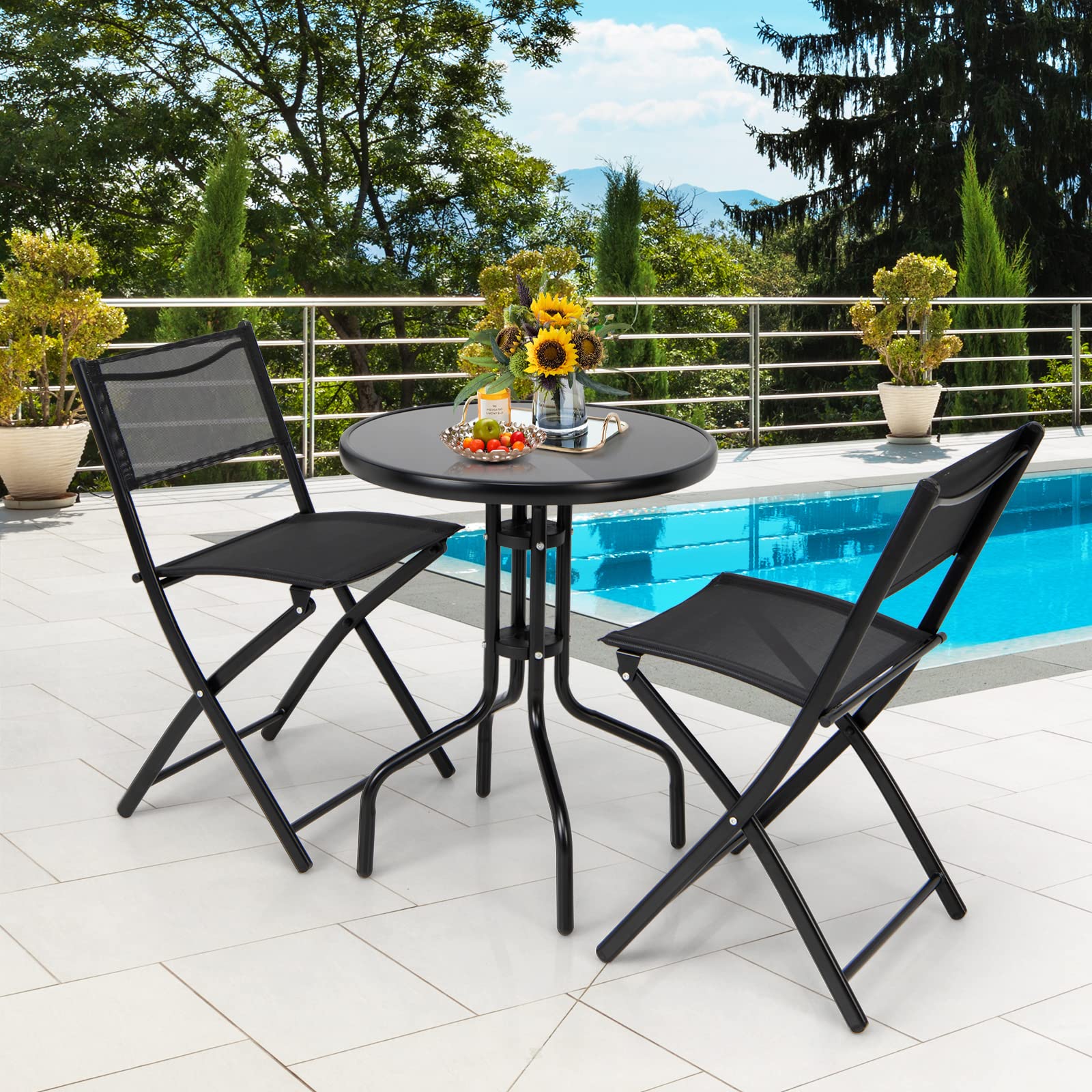 Tangkula 3-Piece Folding Patio Bistro Set - Outdoor Table & Chairs with Tempered Glass Top, Round Dining Set for Garden, Poolside, Backyard & Balcony | Perfect for Small Spaces, BBQs & Outdoor Entertaining