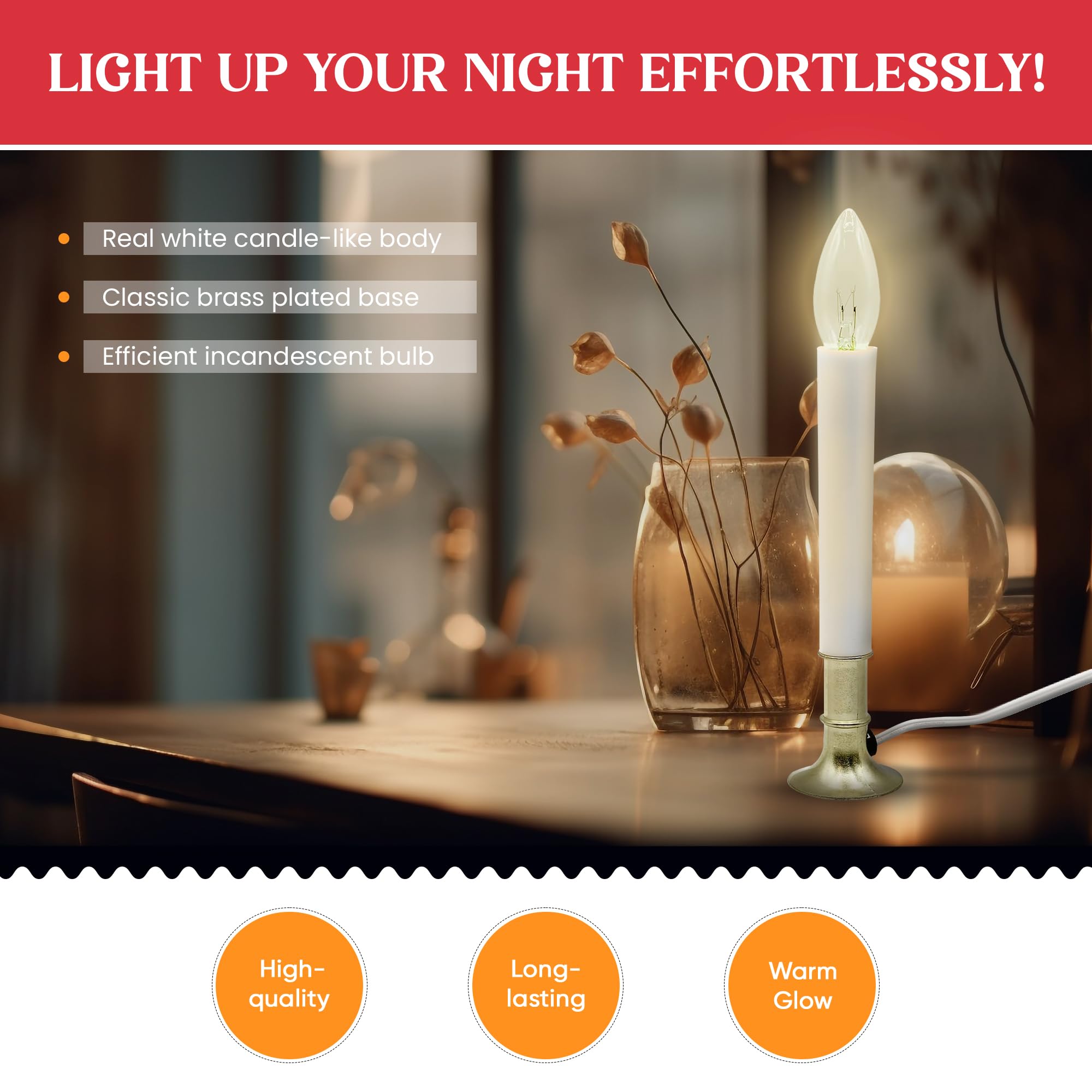 Creative Hobbies® Electric Window Candle Lamp - Brass Plated Base with On/Off Switch & Included Light Bulb - Ready to Use Holiday Decor for Christmas, Winter & Home Decoration