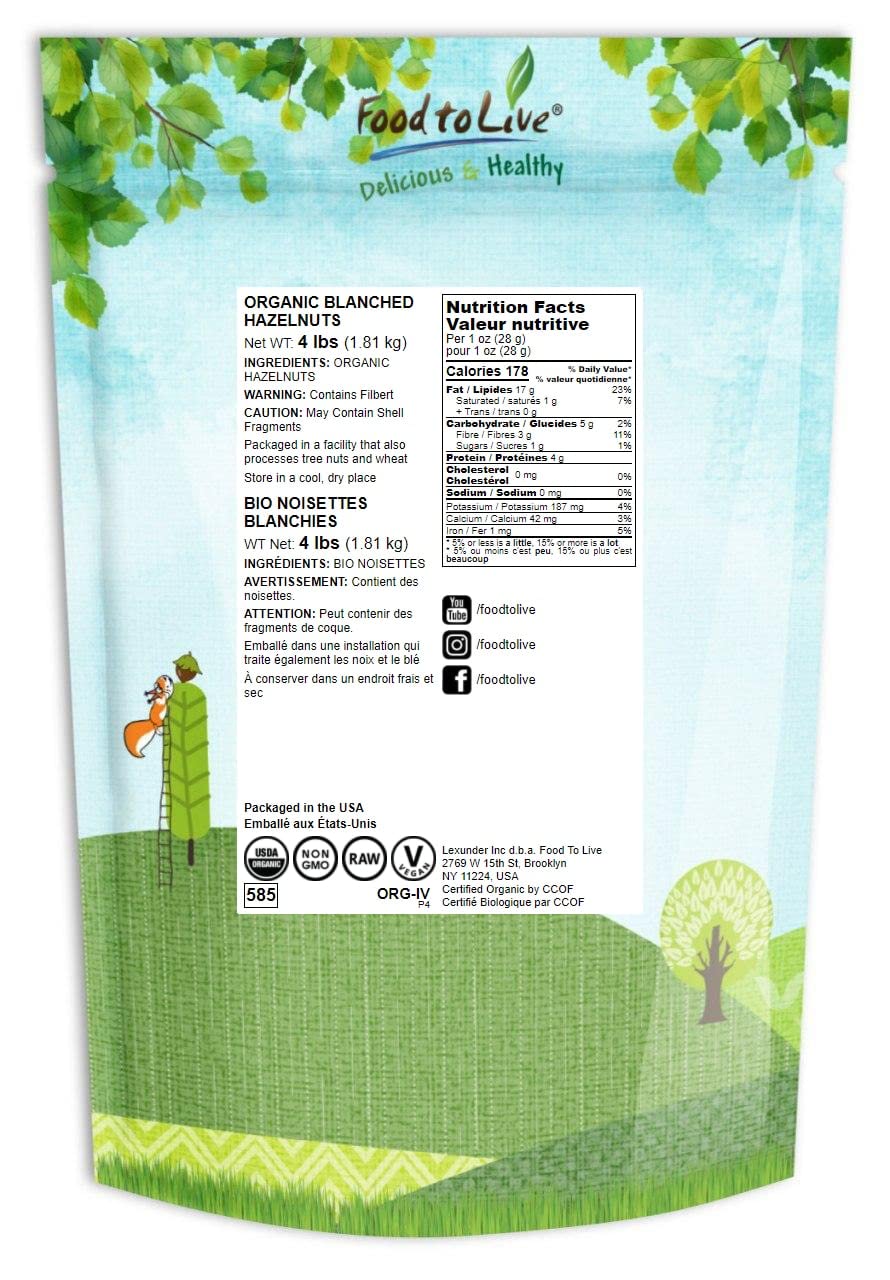 Organic Raw Blanched Hazelnuts 4lbs - Non-GMO, Skinless, Unsalted, Unroasted, Vegan Bulk Nuts | High Protein Superfood | Perfect for Baking, Desserts, Nut Butter & Healthy Snacks | Premium Quality for Home Chefs & Food Enthusiasts