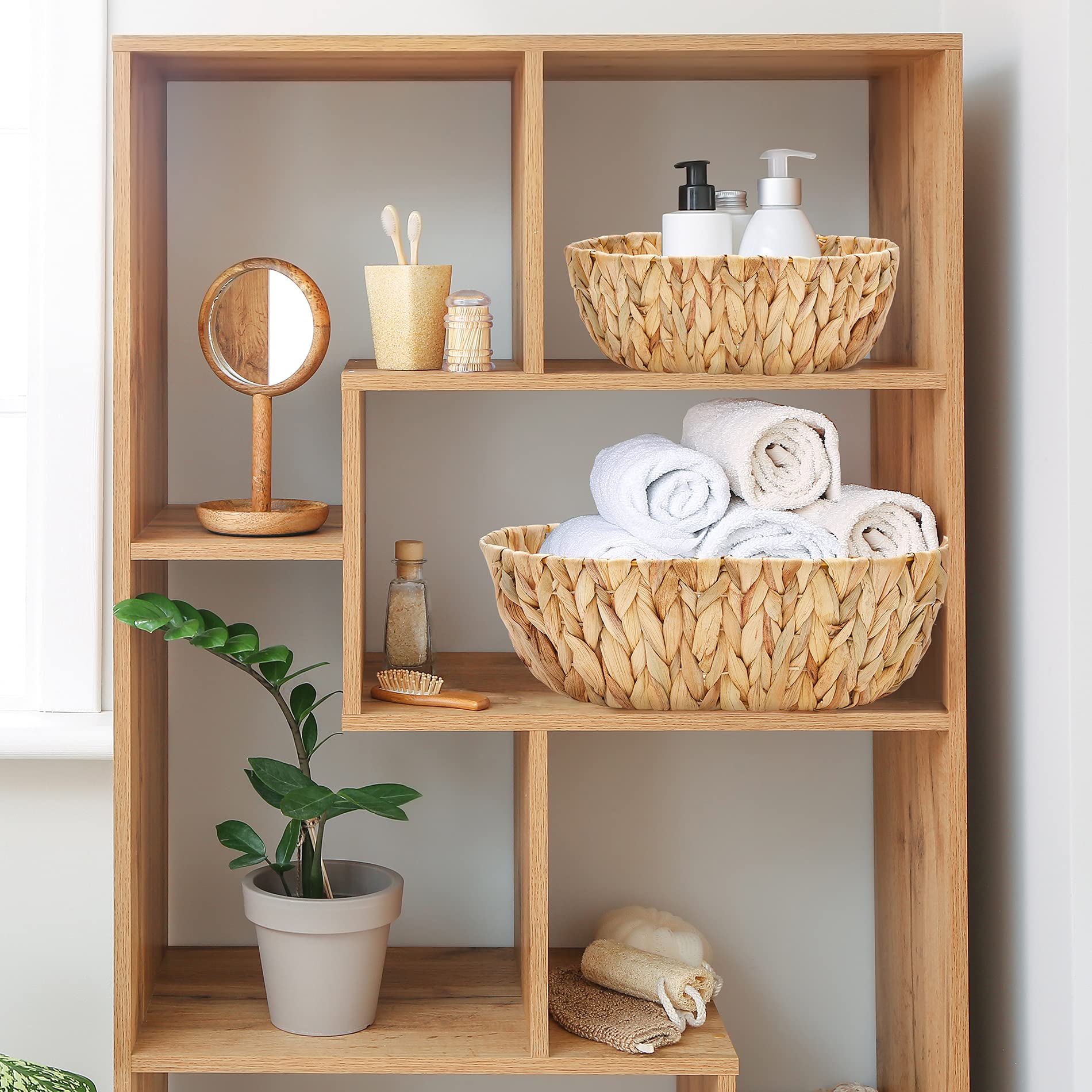 Americanflat Handwoven Water Hyacinth Storage Baskets with Handle - Set of 2 (1 Large & 1 Small) Natural Wicker Baskets for Home Organization - Perfect for Living Room, Bedroom & Bathroom Storage
