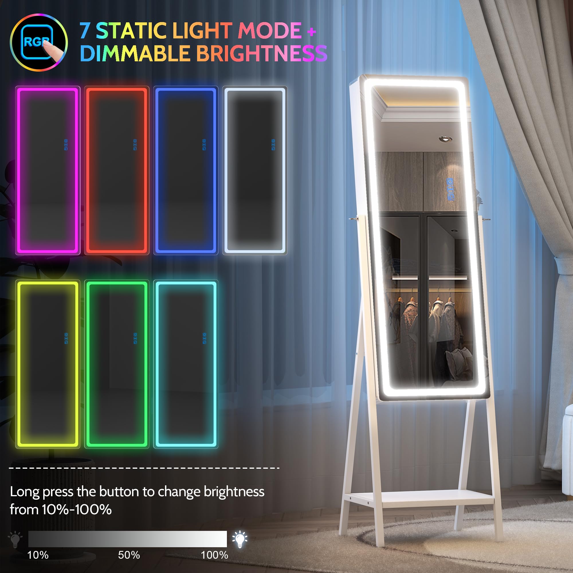 LVSOMT White Full-Length LED Jewelry Mirror Cabinet with 14 RGB Lights - Dimmable & Adjustable Speed Standing Jewelry Armoire Organizer - Perfect for Bedroom, Dressing Room and Vanity Makeup Area