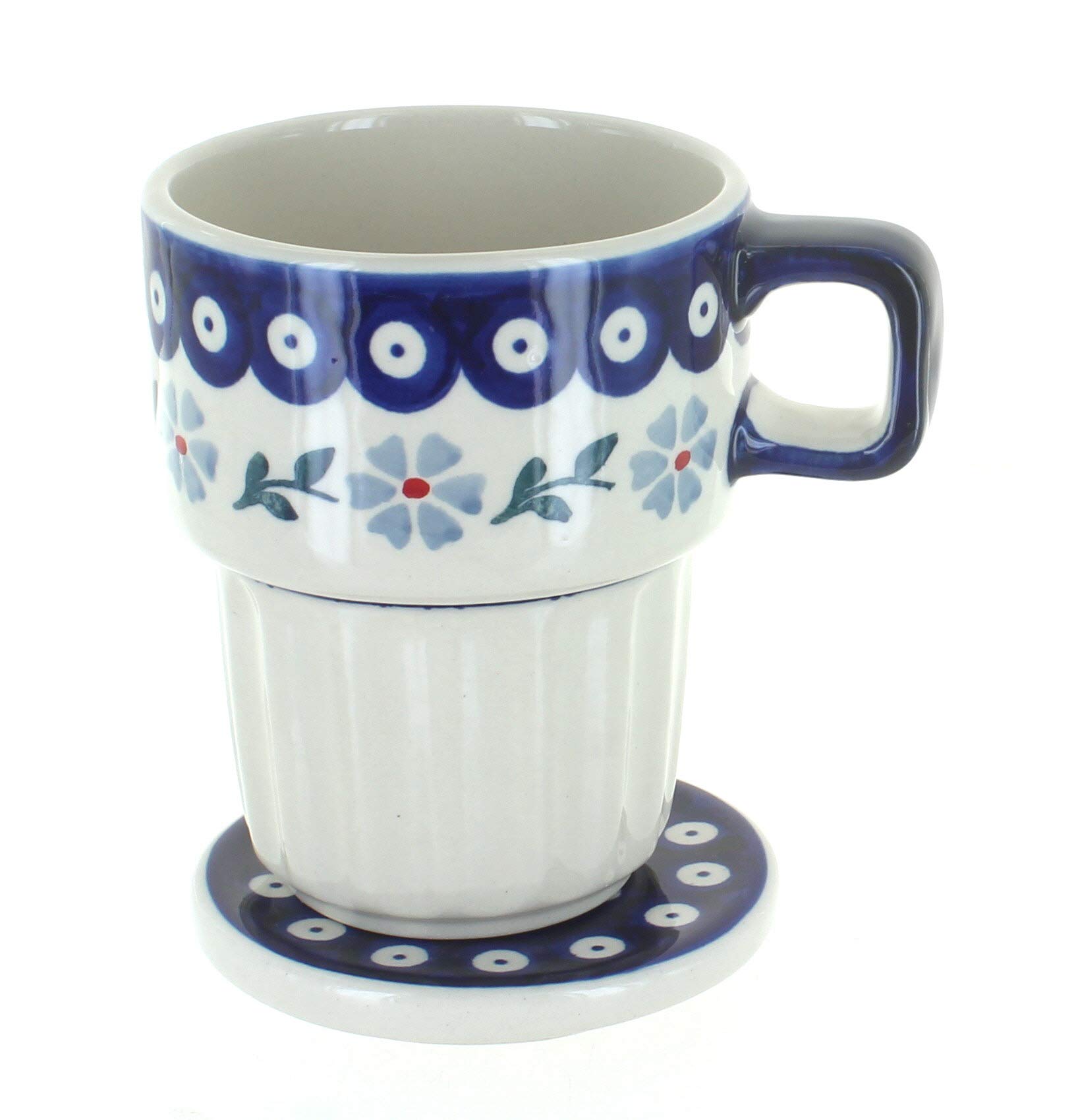 Handmade Blue Rose Polish Pottery Large Mug with Lid - Blue Violet Ceramic Coffee Cup for Home, Office & Gifts