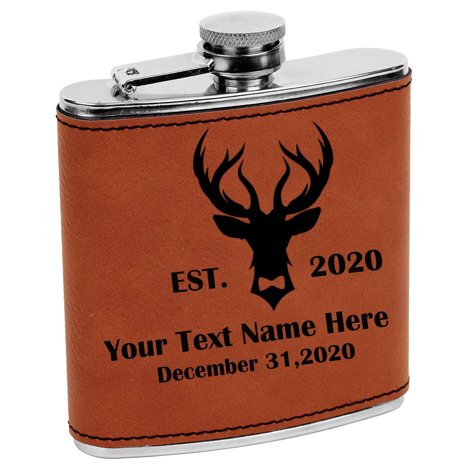 Personalized Stainless Steel Deer Head Whiskey Flask - Custom Engraved 6oz Groomsmen Gift for Best Man, Bachelor Party & Outdoor Adventures (Rawhide Leather)