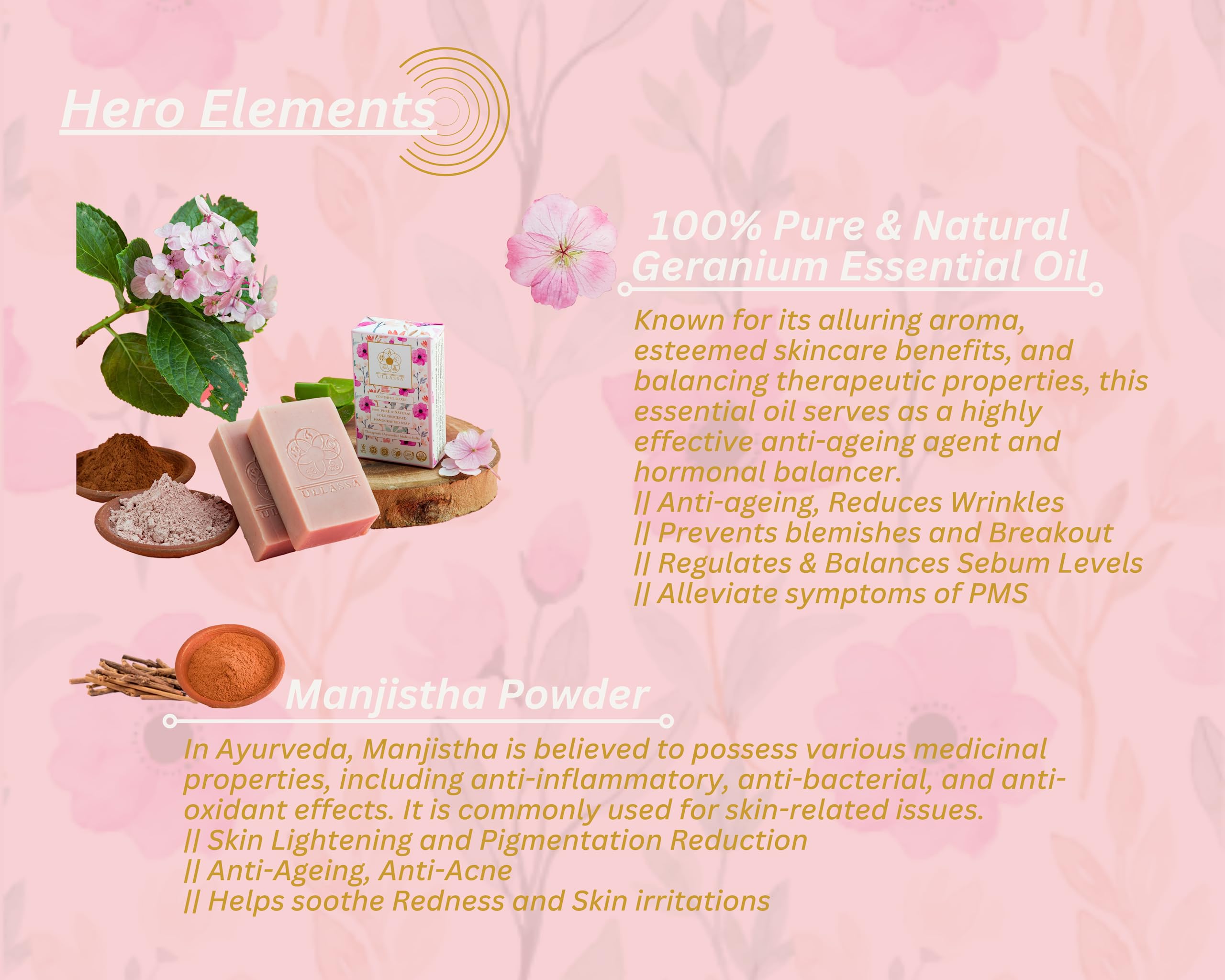 ULLASSA Aromatherapy Soap with Geranium, Manjistha & Licorice - Skin Brightening, Anti-Aging & Youthful Radiance | Grade 1 BIS Certified | Luxury Ayurvedic Bath Bar for Face & Body | Promotes Natural Glow - Perfect for Spa Days, Self-Care Rituals & Gifting (Pack of 1)