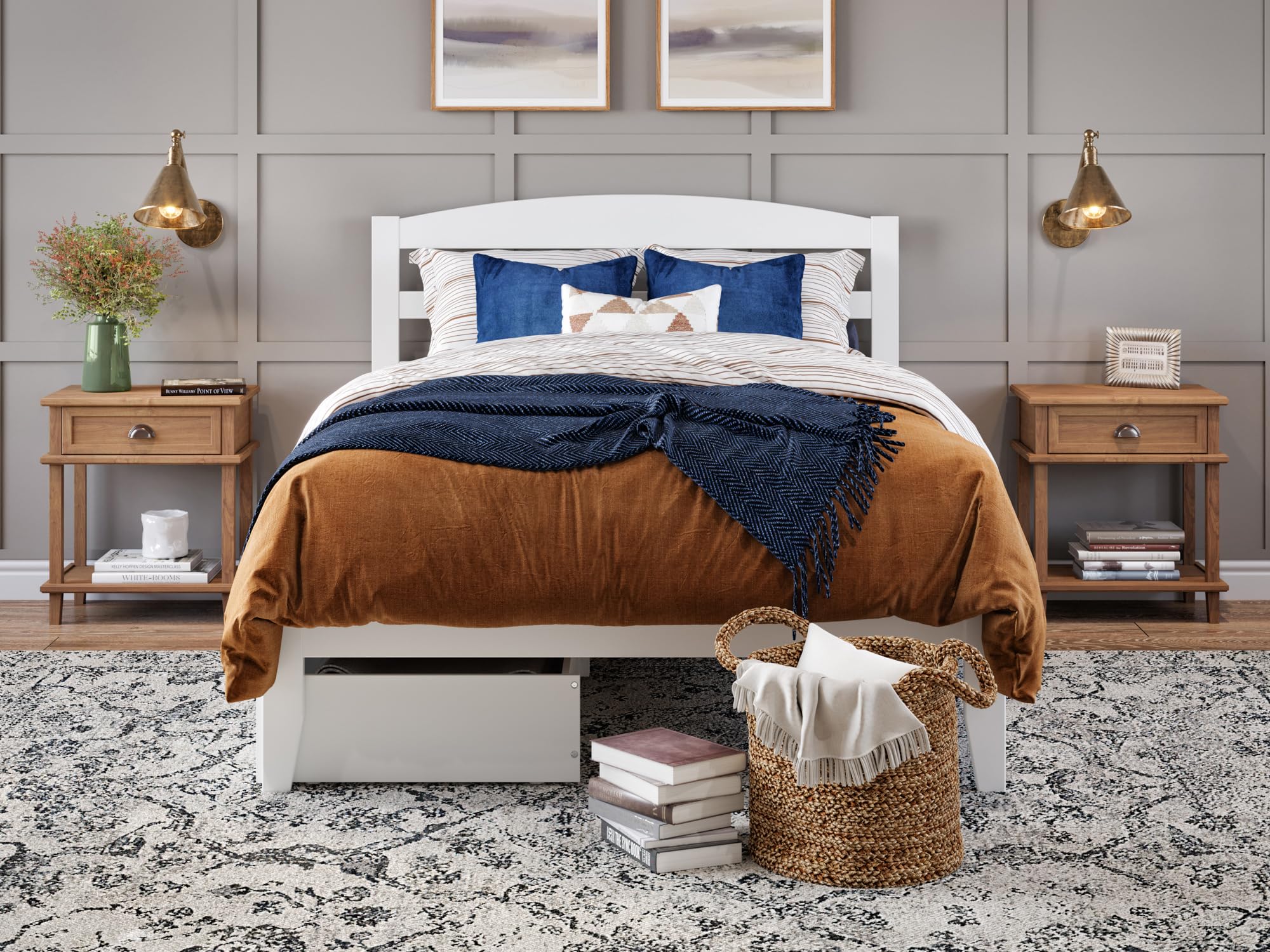 AFI Warren Full Size Platform Bed Frame with Storage Drawers (Set of 2) & Built-in USB Charging Ports - White Modern Bedroom Furniture for Small Spaces & Studio Apartments