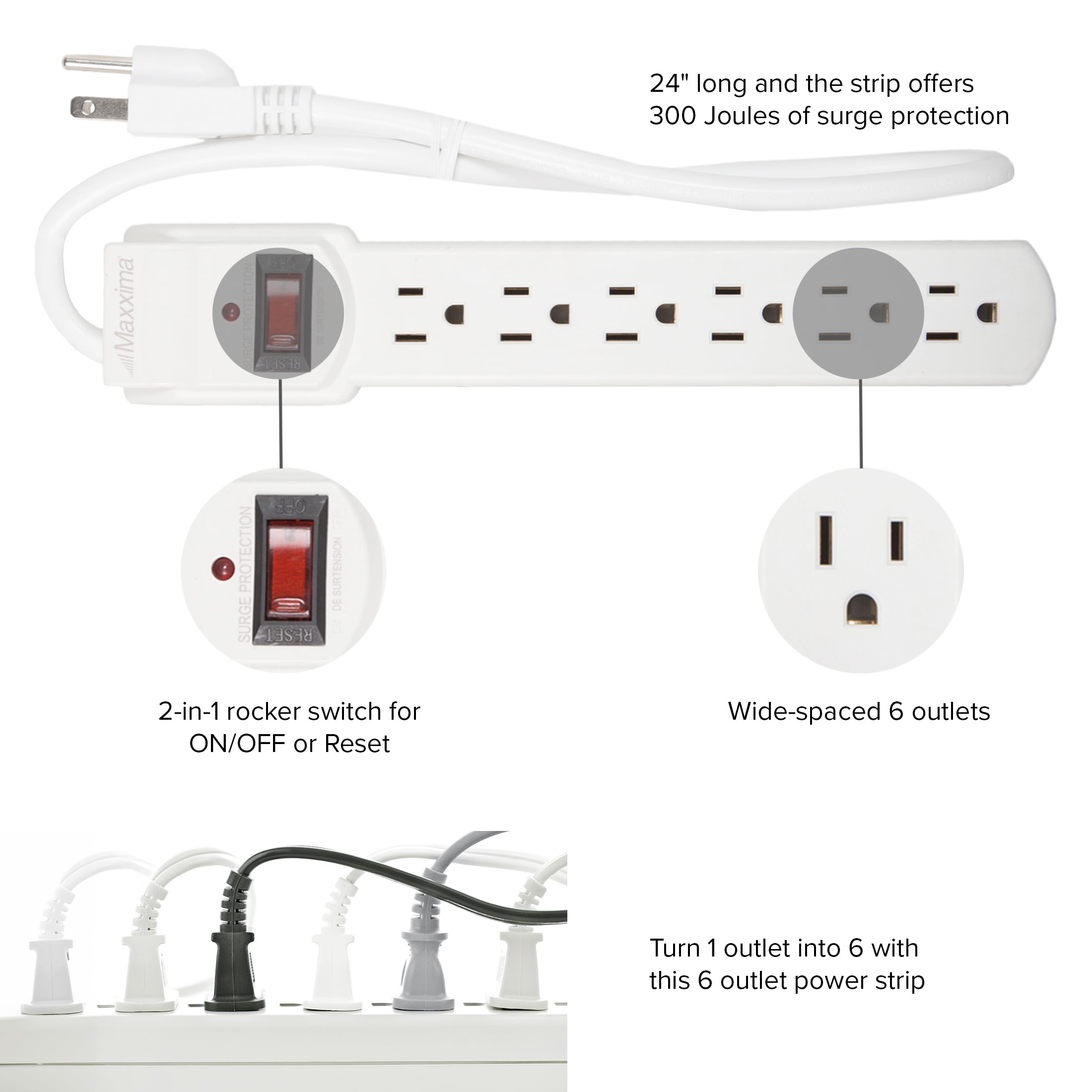 Maxxima 6-Outlet Surge Protector Power Strip with Red On/Off Switch - 300 Joules Protection, 4-Pack for Home & Office - Safely Power Multiple Electronics, Appliances & Devices - Ideal for Home Theater, Gaming Setup & Workstation - White
