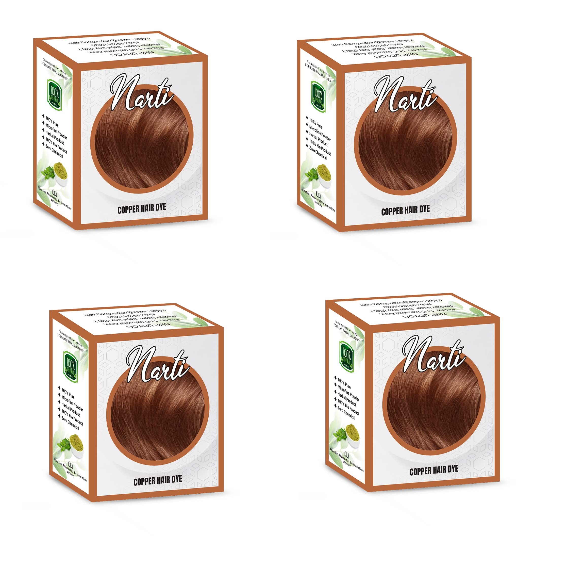 NARTI Natural Hair Dye Kit with Gloves, Shower Cap & Brush - 100% Pure Ammonia-Free Herbal Hair Color (4 Pack, Copper) | DIY Hair Coloring for Home Use, Salon-Quality Results