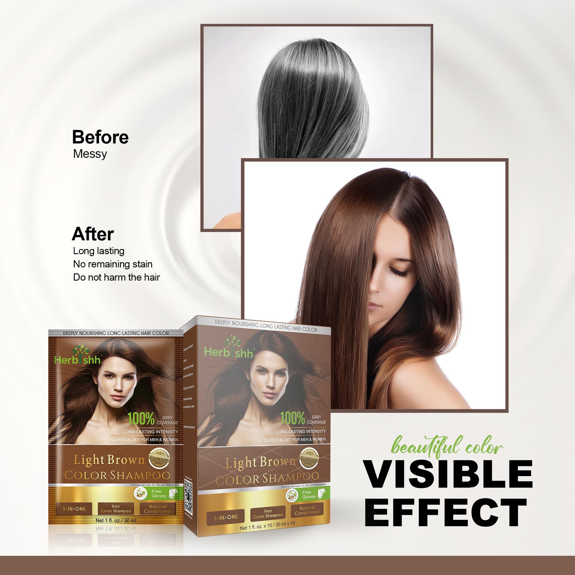 Herbishh Gray Hair Color Shampoo - Light Brown Tint for Women & Men | Hair Wax Stick Included | At-Home Hair Coloring & Styling Solution for Natural-Looking Coverage