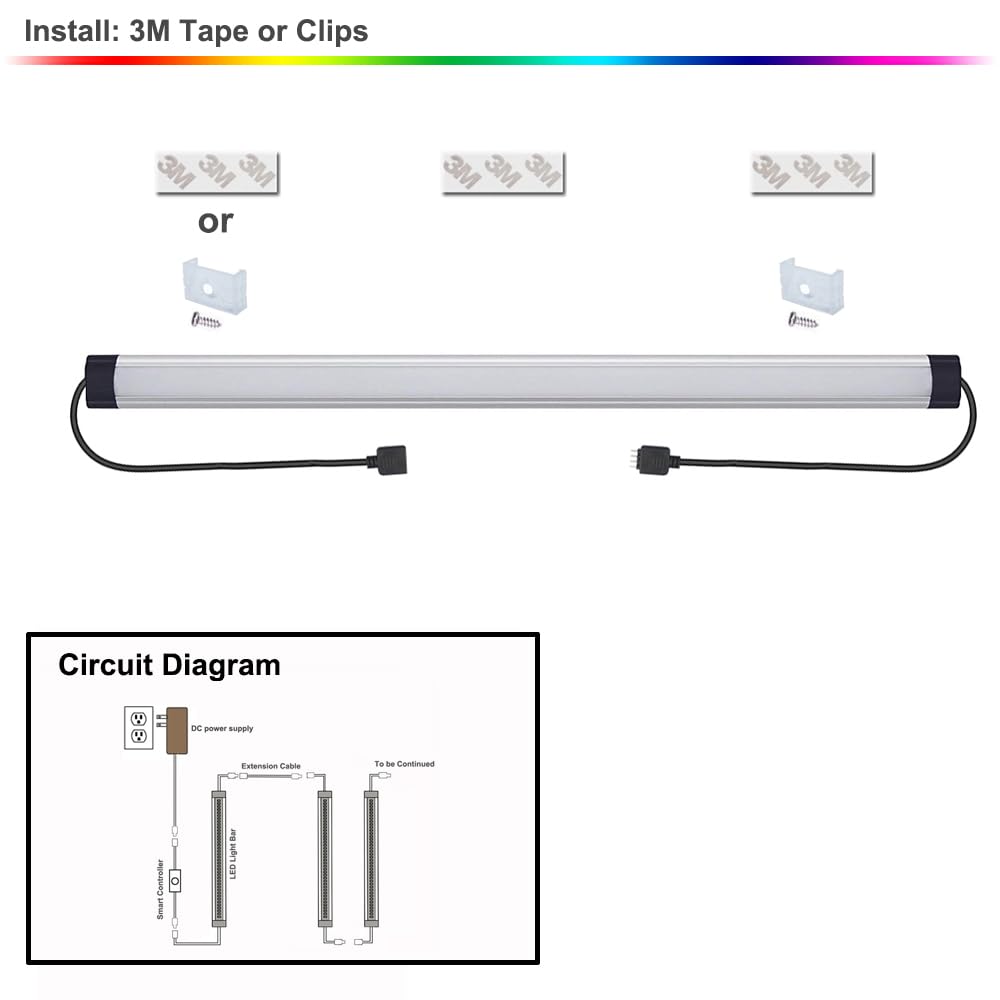 Dimmable Under Cabinet LED Lighting Kit - 20 Inch RGB Light Bars with RF Remote & Alexa Control, Linkable Smart Lights for Kitchen, Desk, Workbench & Shelf (6 Pack) - Perfect for Task Lighting & Ambient Decor