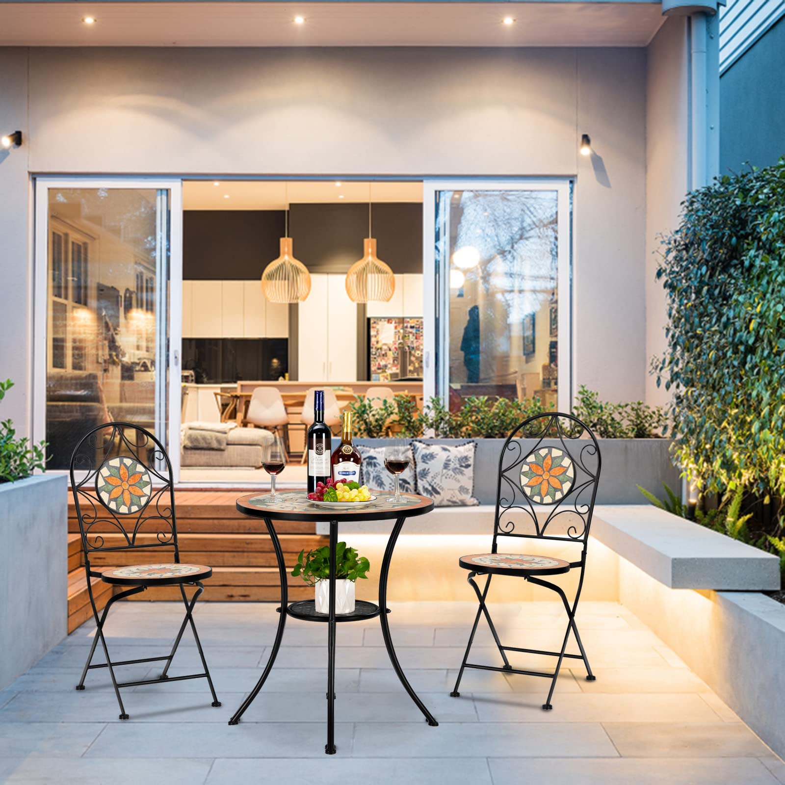 VINGLI 3-Piece Outdoor Bistro Set - Black Iron Frame Mosaic Garden Patio Table with 2 Folding Chairs | Perfect for Backyard, Balcony, Poolside & Cafe Dining