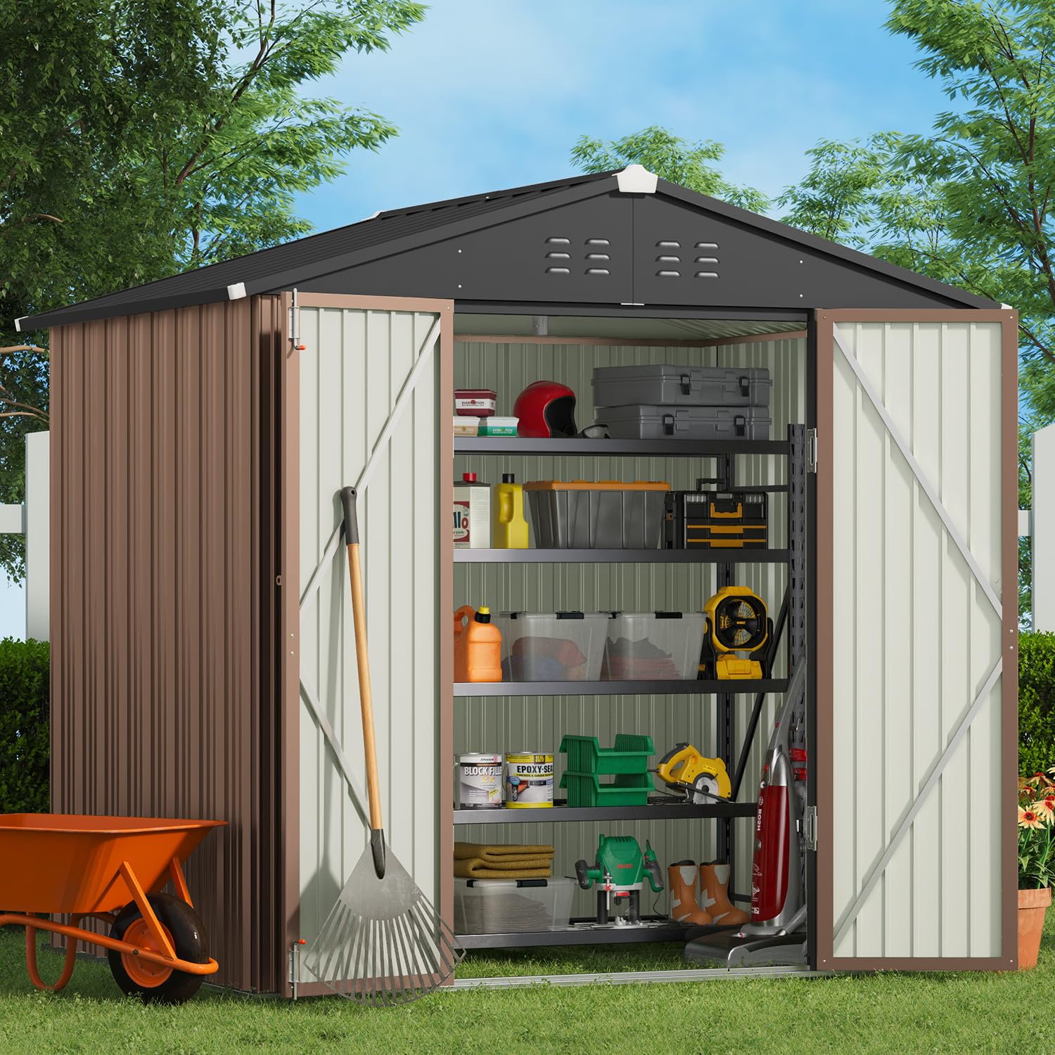 Gizoon 8x6 FT Galvanized Metal Outdoor Storage Shed - Double Lockable Doors, Weather-Resistant Garden Shed for Backyard, Patio & Lawn (Light Brown) | Perfect for Storing Tools, Equipment & Seasonal Items