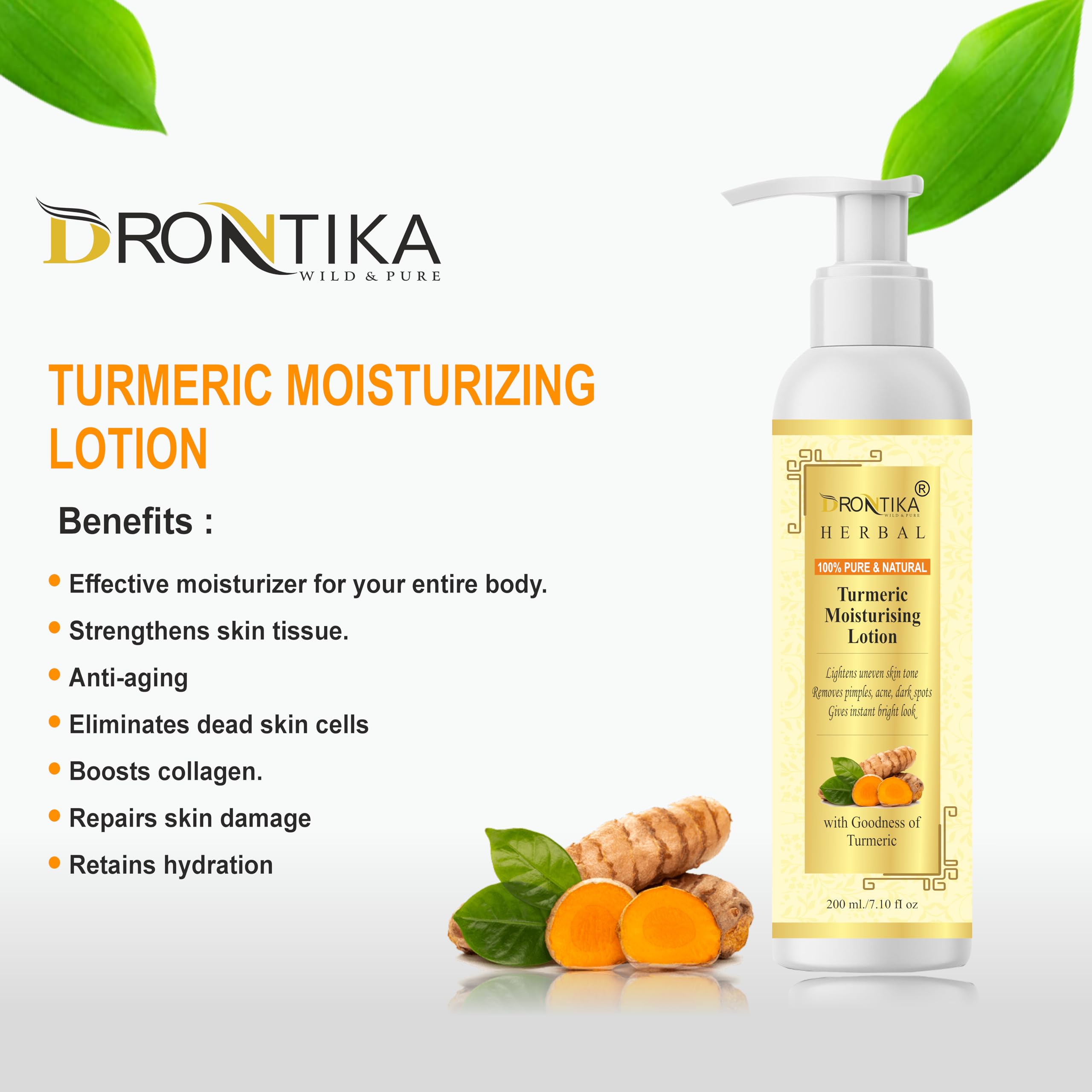 Drontika Wild & Pure Herbal Turmeric Moisturizing Ubtan Sunscreen Body Lotion SPF 30 with Turmeric & Saffron for Glowing Skin | Virgin Grade 1 Coconut Oil for Body & Hair Massage (200ml x 2) | Natural Skincare & Hair Care for Daily Hydration & Sun Protection