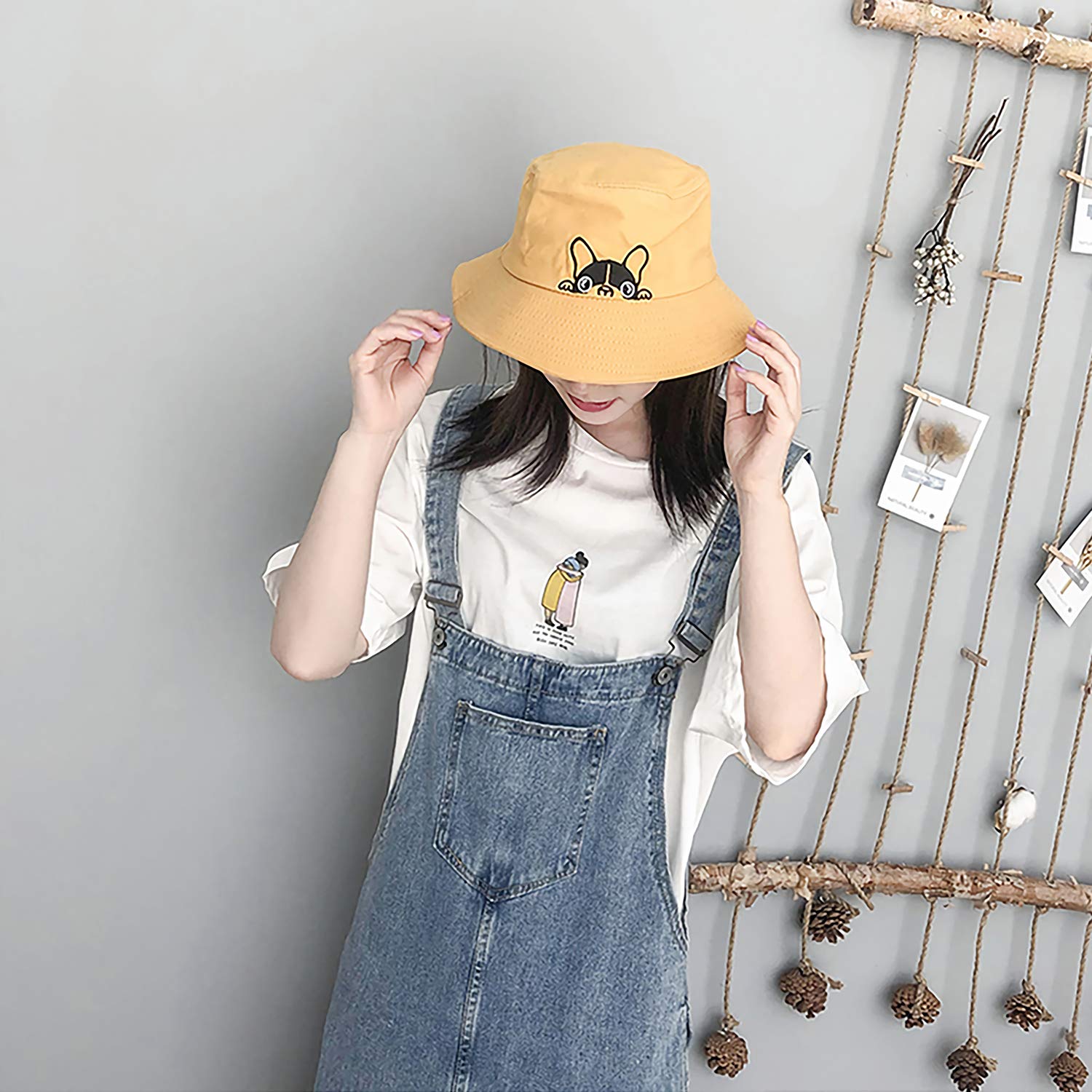 Unisex Bulldog Print Cotton Bucket Hat - Summer Beach Sun Hat for Men & Women - Yellow | Perfect for Outdoor Activities, Beach Vacations & Casual Wear