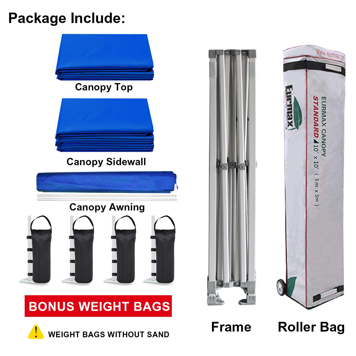 Eurmax USA 10x10 FT Pop Up Canopy Tent with 4 Removable Zippered Sidewalls, Roller Bag, 4 Sand Bags & 24 Sq Ft Extended Awning - Blue Outdoor Party Canopy for Backyard, Beach, Camping & Events