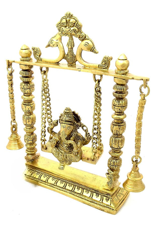 Handcrafted Brass Ganesha on Swing with Bells - Hindu God Statue Home Decor (Yellow, 1 Piece) - Perfect for Pooja Room, Office Desk & Gift Giving