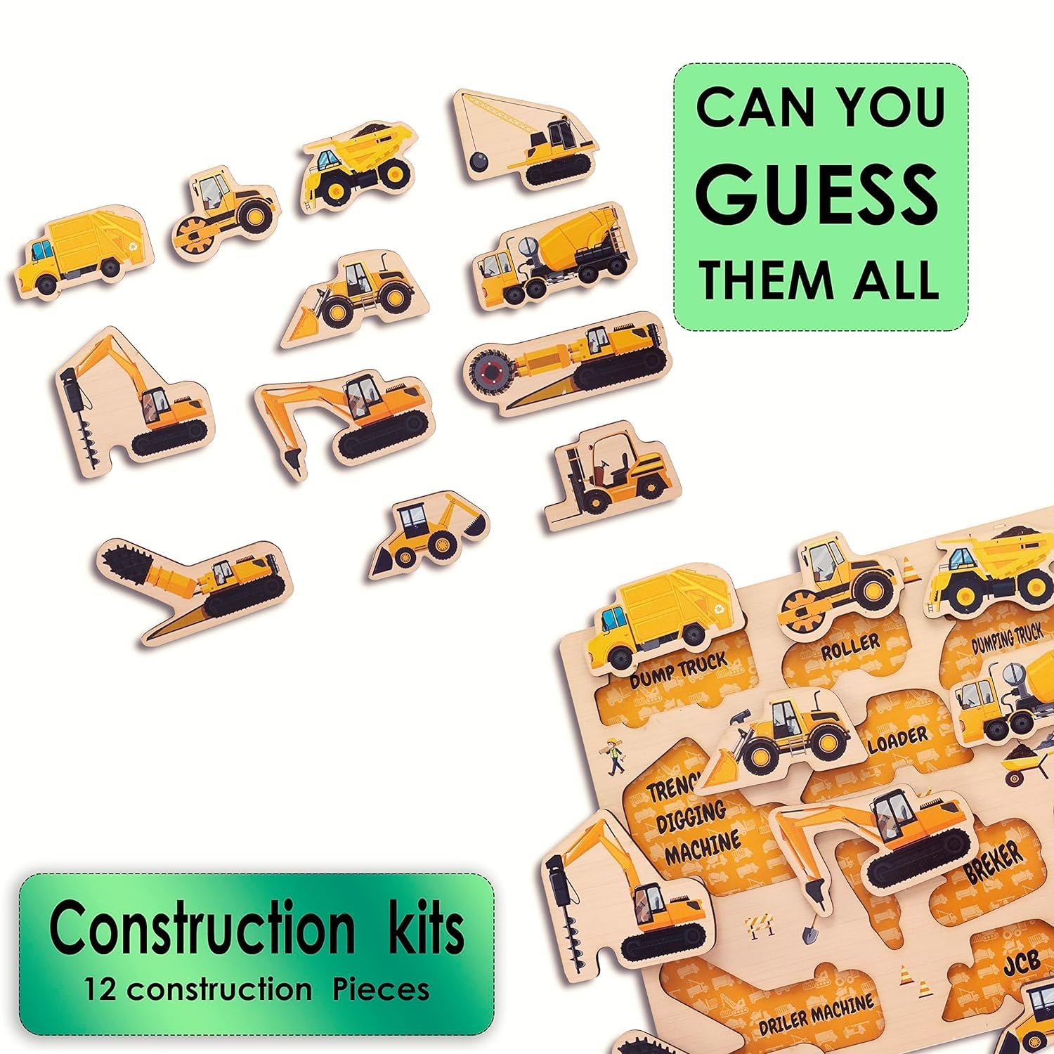 RiansCart Construction Vehicles Wooden Jigsaw Puzzle - Educational Kids Puzzle for Preschool Learning | Fun STEM Toy for Toddlers & Children - Perfect for Classroom, Birthday Gifts & Family Game Night