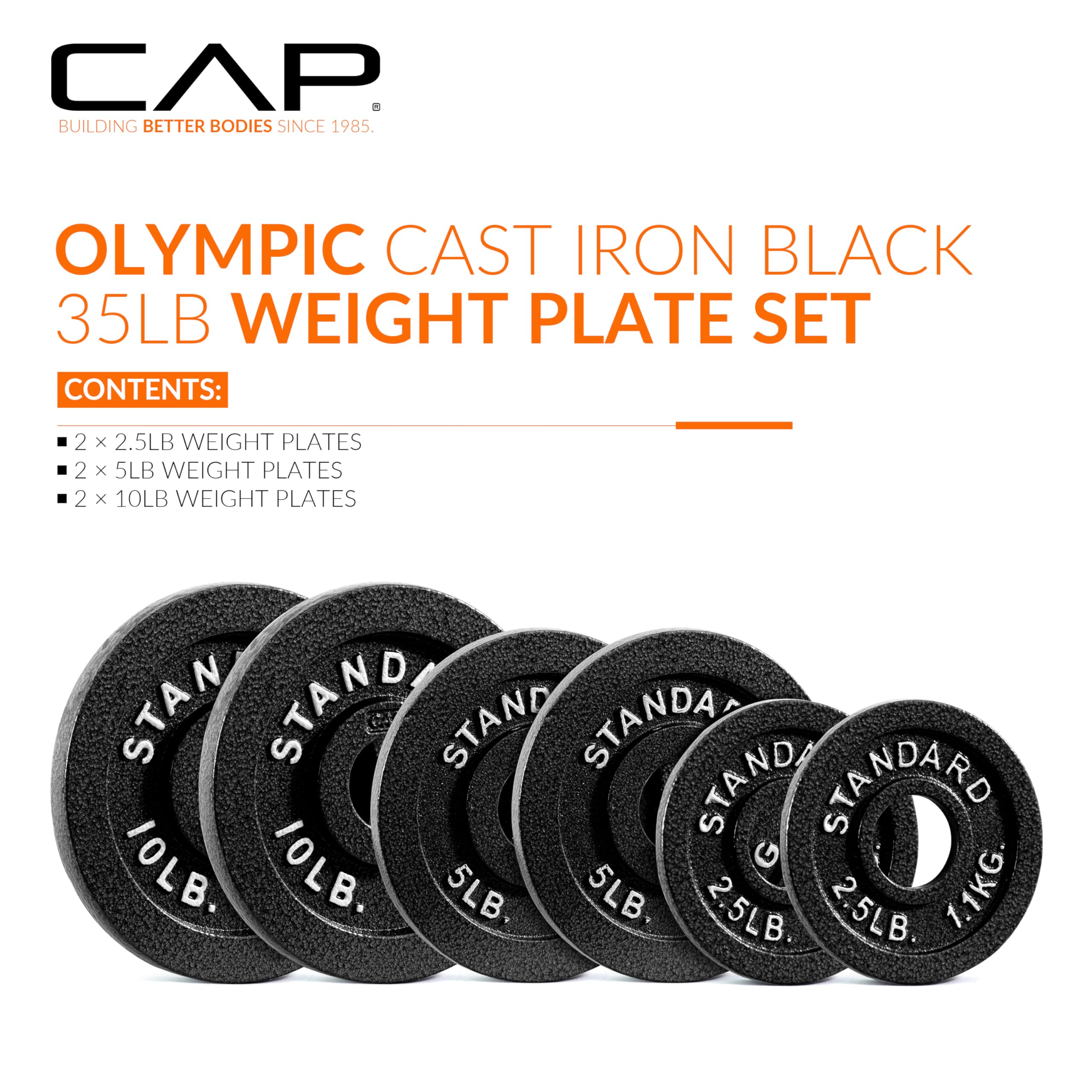 CAP Barbell Cast Iron Olympic Black Weight Plate - 2.5LB to 45LB Weight Set for Strength Training | Gym Equipment for Home & Commercial Use | Perfect for Weightlifting, CrossFit & Powerlifting Workouts