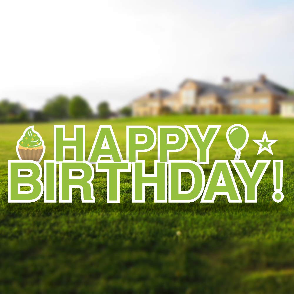 Happy Birthday Yard Signs with Stakes - 18in Tall Letters, Bonus Star Cupcake & Balloon Decorations - Weather-Resistant Outdoor Party Decor for Lawn, Garden & Backyard Celebrations (Lime Green)