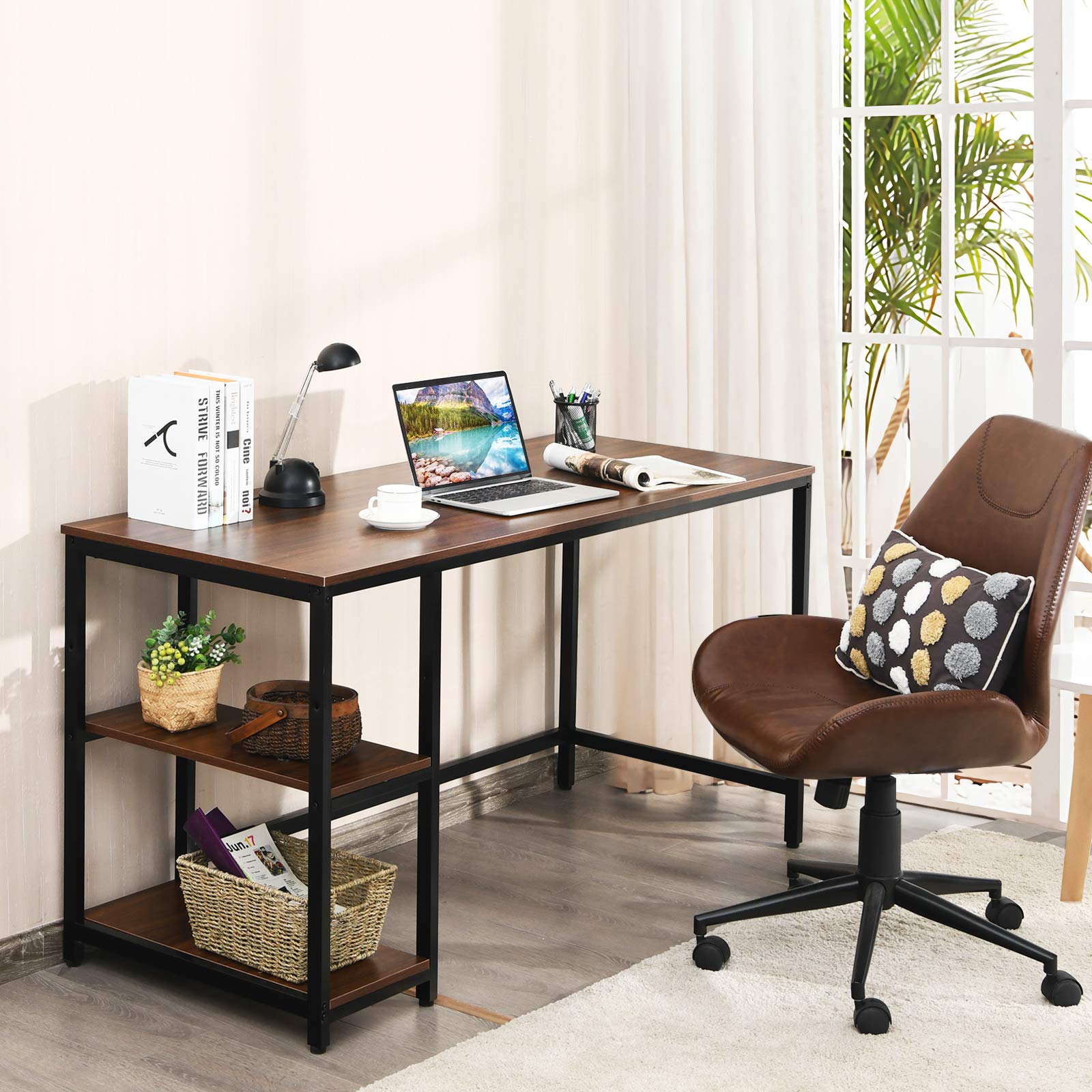 Tangkula Industrial Home Office Computer Desk with 2 Storage Shelves - Sturdy Metal Frame Writing Workstation for Study, Laptop & PC (Coffee Brown) - Perfect for Small Spaces, Dorm Rooms & Modern Workspaces
