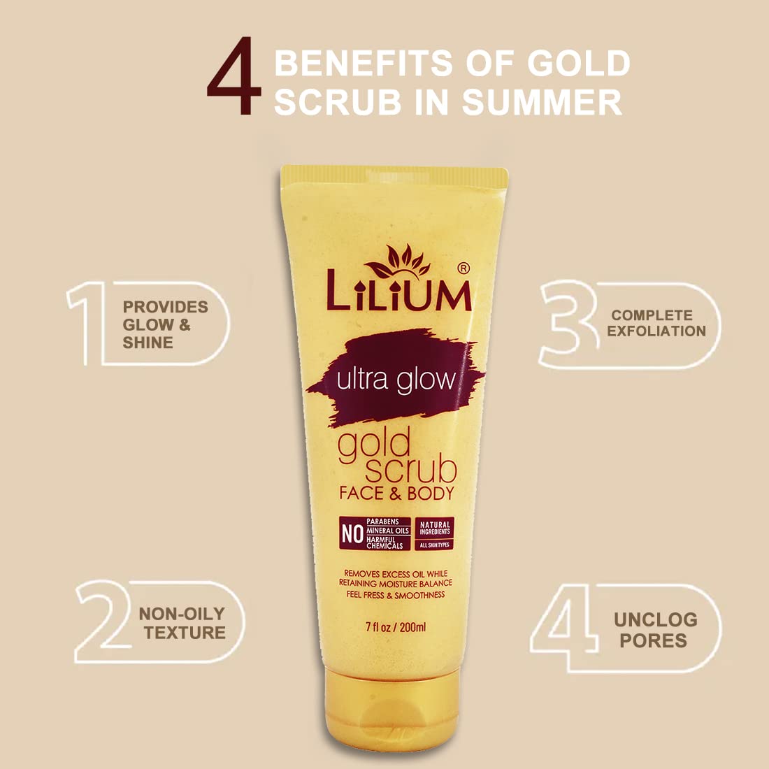 Lilium Gold Face & Body Scrub 200ml - Natural Exfoliator for Glowing Skin, Fresh & Smooth Feel, Paraben-Free & Chemical-Free - Pack of 2 - Perfect for Daily Skincare Routine & Spa Treatments