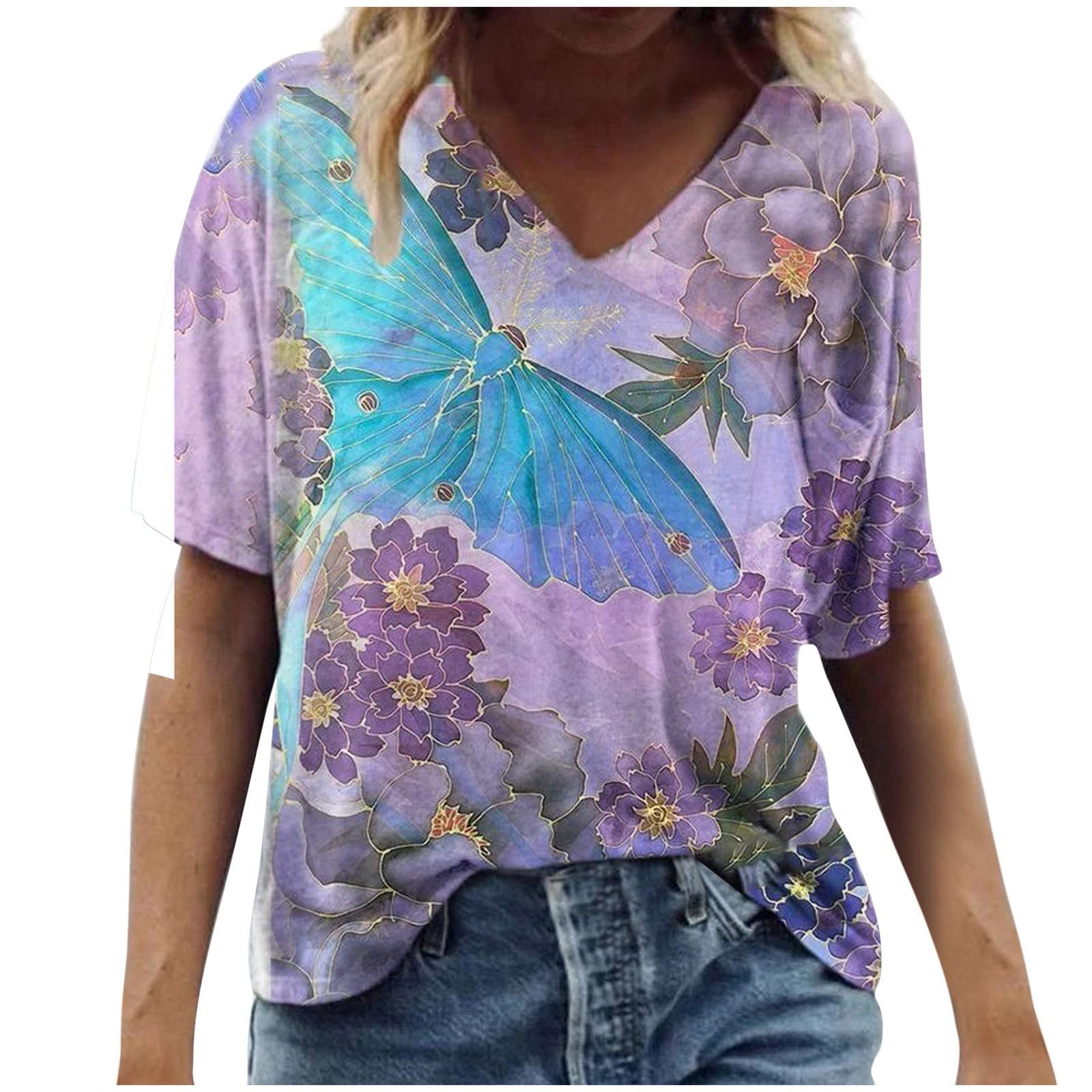 Women's Summer V-Neck T-Shirts - Short Sleeve Loose Fit Casual Oversized Tee with Print | Perfect for Beach Outings, Weekend Wear & Casual Fashion