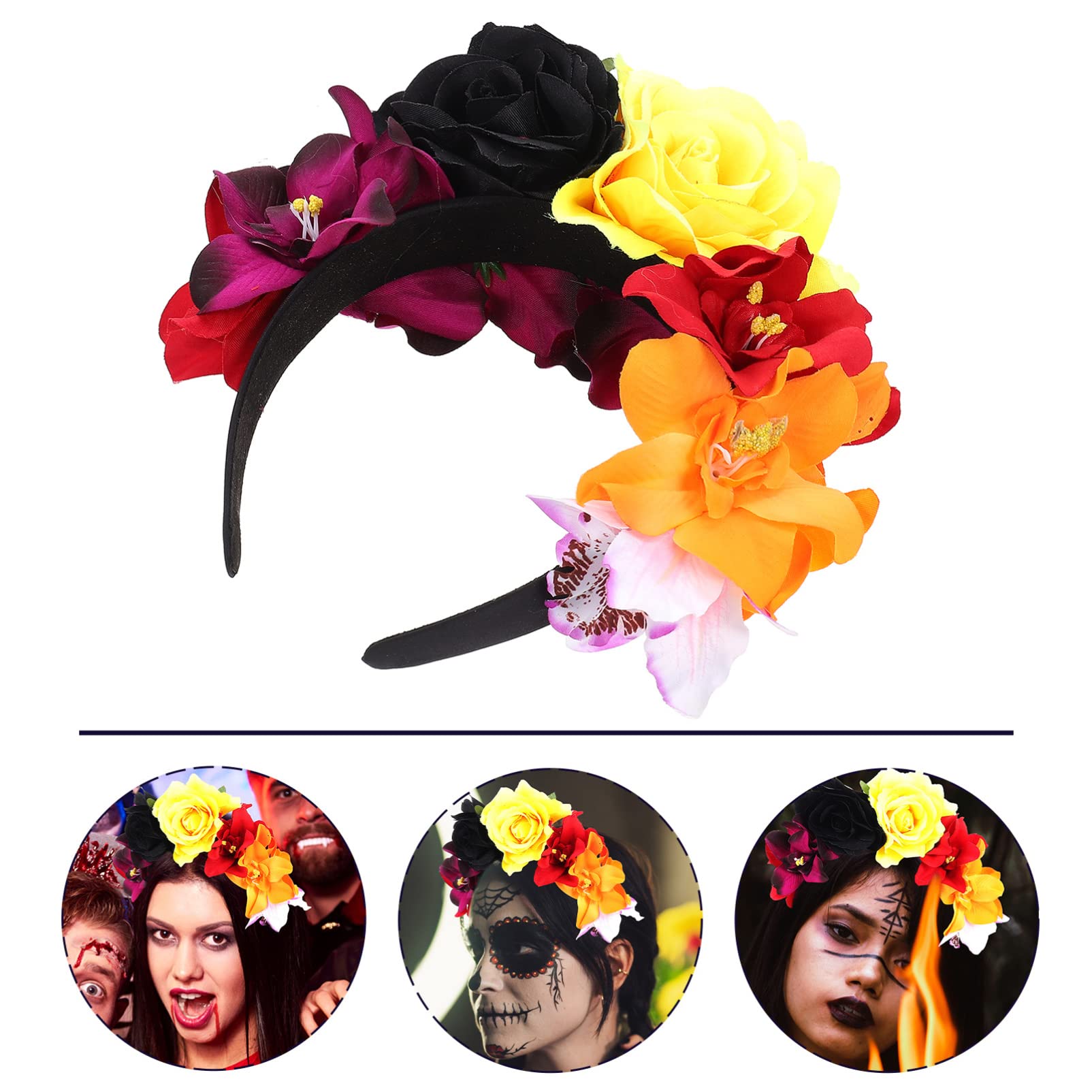 FOMIYES Mexican Flower Headband - Day of The Dead Headdress with Rose & Skull Design for Halloween Costume, Pride Party Accessories | Perfect for Dia de los Muertos Celebrations, Cosplay & Festive Events