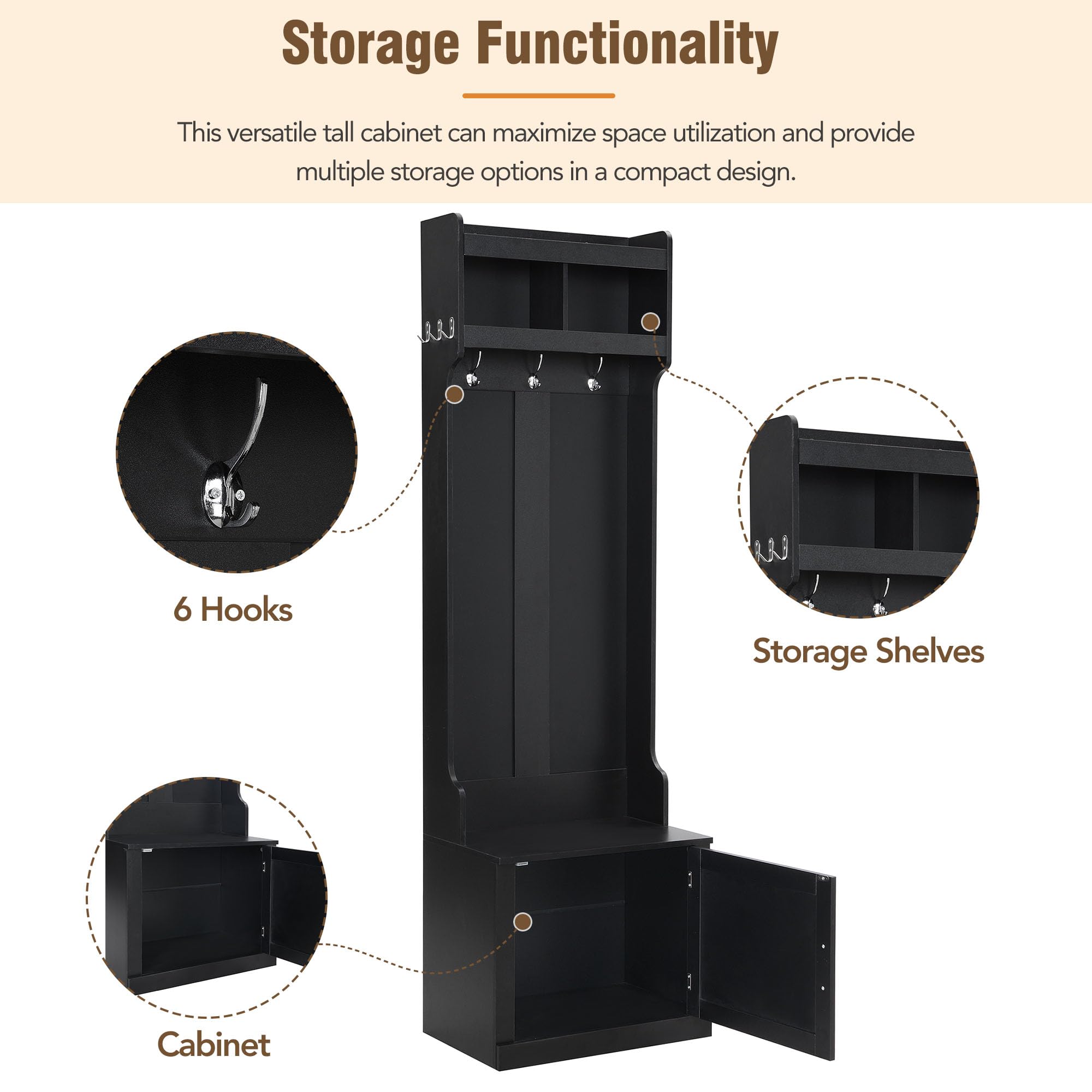 Merax Slim Hall Tree with Storage Bench & Shelves - Entryway Shoe Cabinet with Coat Hooks - Elegant Black Hallway Organizer for Shoes, Coats & Accessories - Perfect for Small Spaces, Apartments & Home Entryways