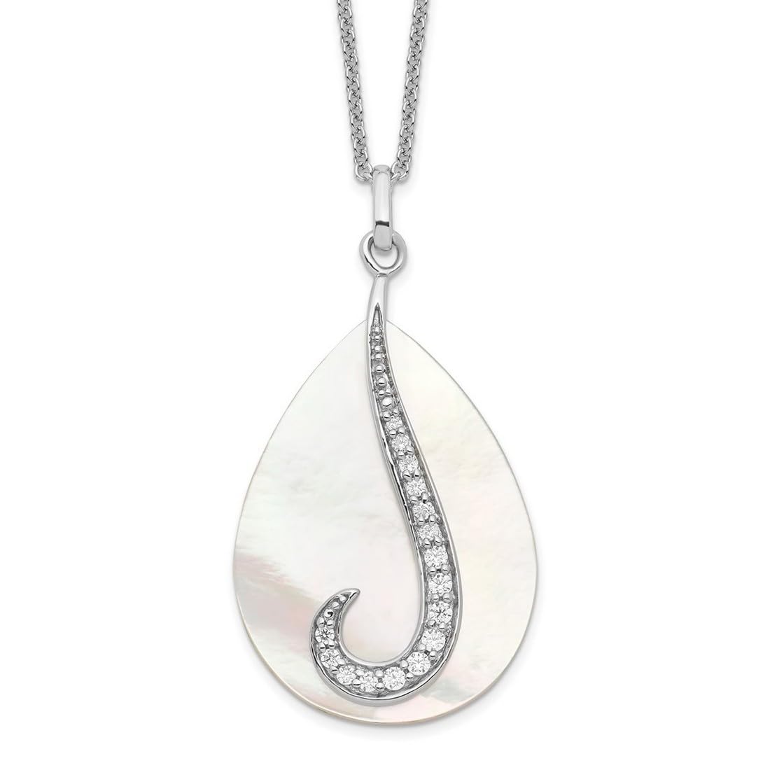 925 Sterling Silver Polished Spring Ring Necklace with Simulated Mother of Pearl & Cubic Zirconia Pendant - 18 Inch Elegant Tear Drop Jewelry for Women, Perfect for Weddings, Anniversaries and Special Occasions