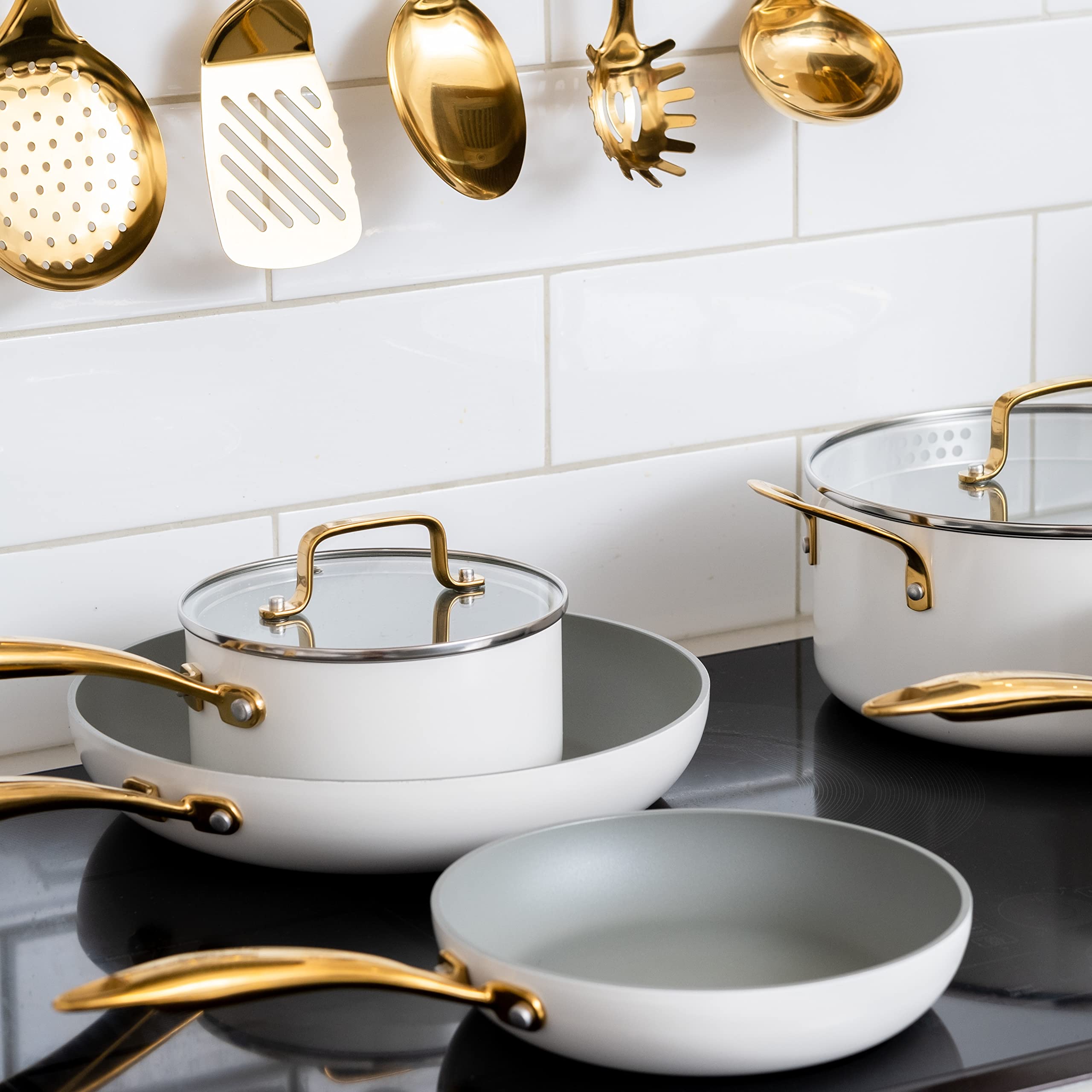 Premium 28-Piece White & Gold Nonstick Cookware Set with Stainless Steel Utensils & Measuring Cups - Perfect for Home Cooking, Baking, and Gourmet Meal Preparation