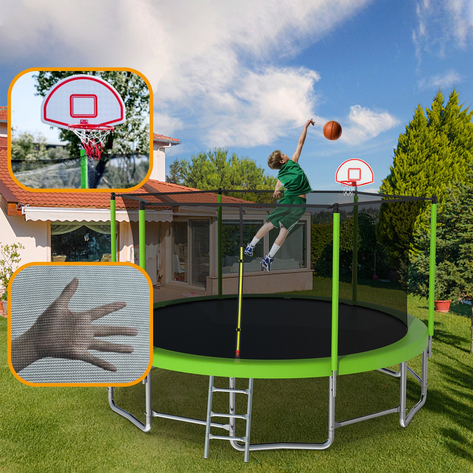 16FT Trampoline with Balance Bar, Basketball Hoop & Ball - ASTM Approved Reinforced Outdoor Trampoline with Safety Enclosure Net - Perfect for Backyard Fun, Kids Exercise & Family Outdoor Activities