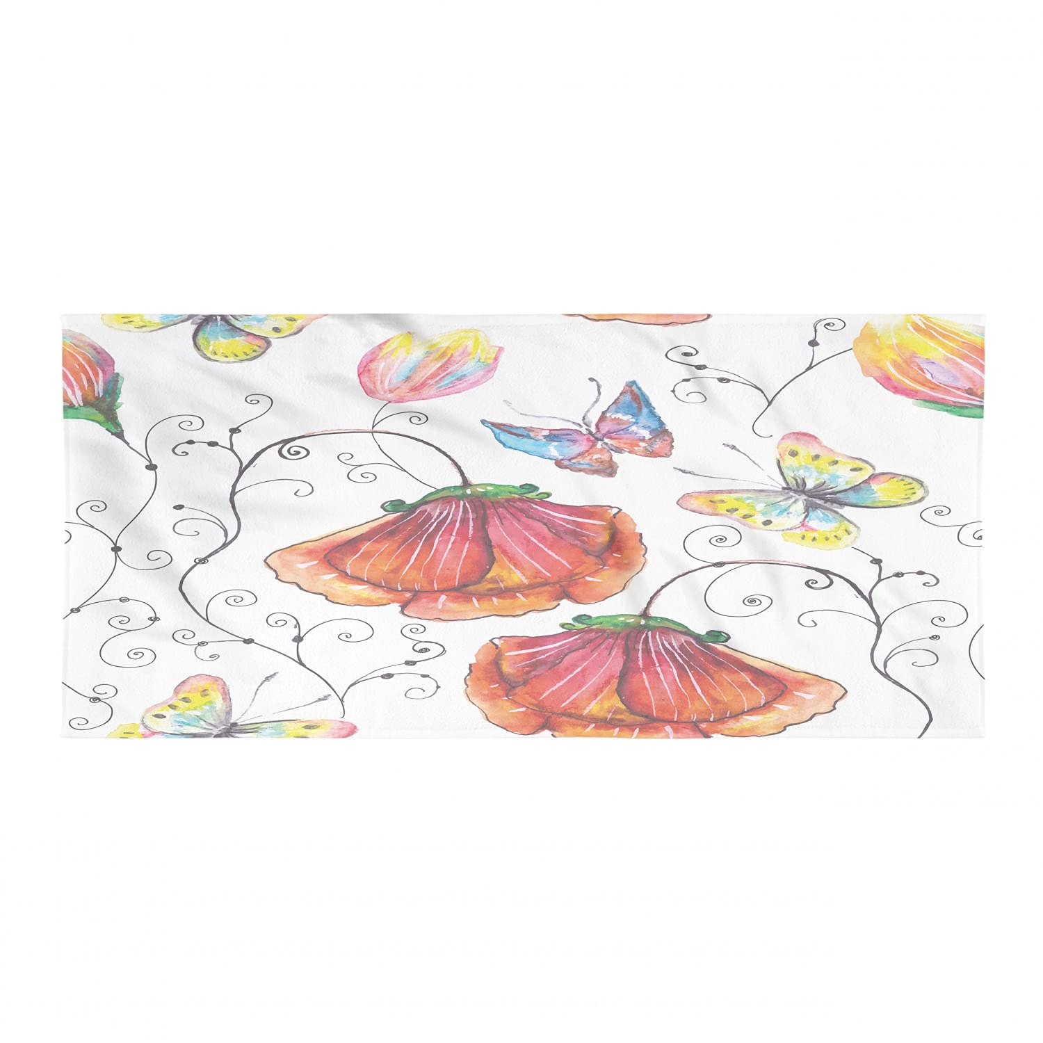 Ambesonne Nature Sports Towel - Watercolor Floral with Butterflies Design | Soft, Lightweight & Ultra Absorbent Microfiber | Perfect for Beach, Yoga, Gym & Outdoor Activities | Compact Travel Towel for Sports Enthusiasts | Multicolor Botanical Summer Pattern