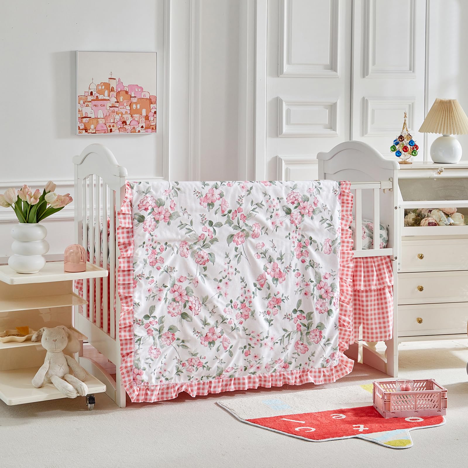 Floral Crib Bedding Set - White & Pink Ruffled Quilted Comforter with Fitted Sheet & Bed Skirt for Baby Girls Nursery | Shabby Chic Flower Design with Leaves | Perfect for Newborn, Infant & Toddler Bedrooms