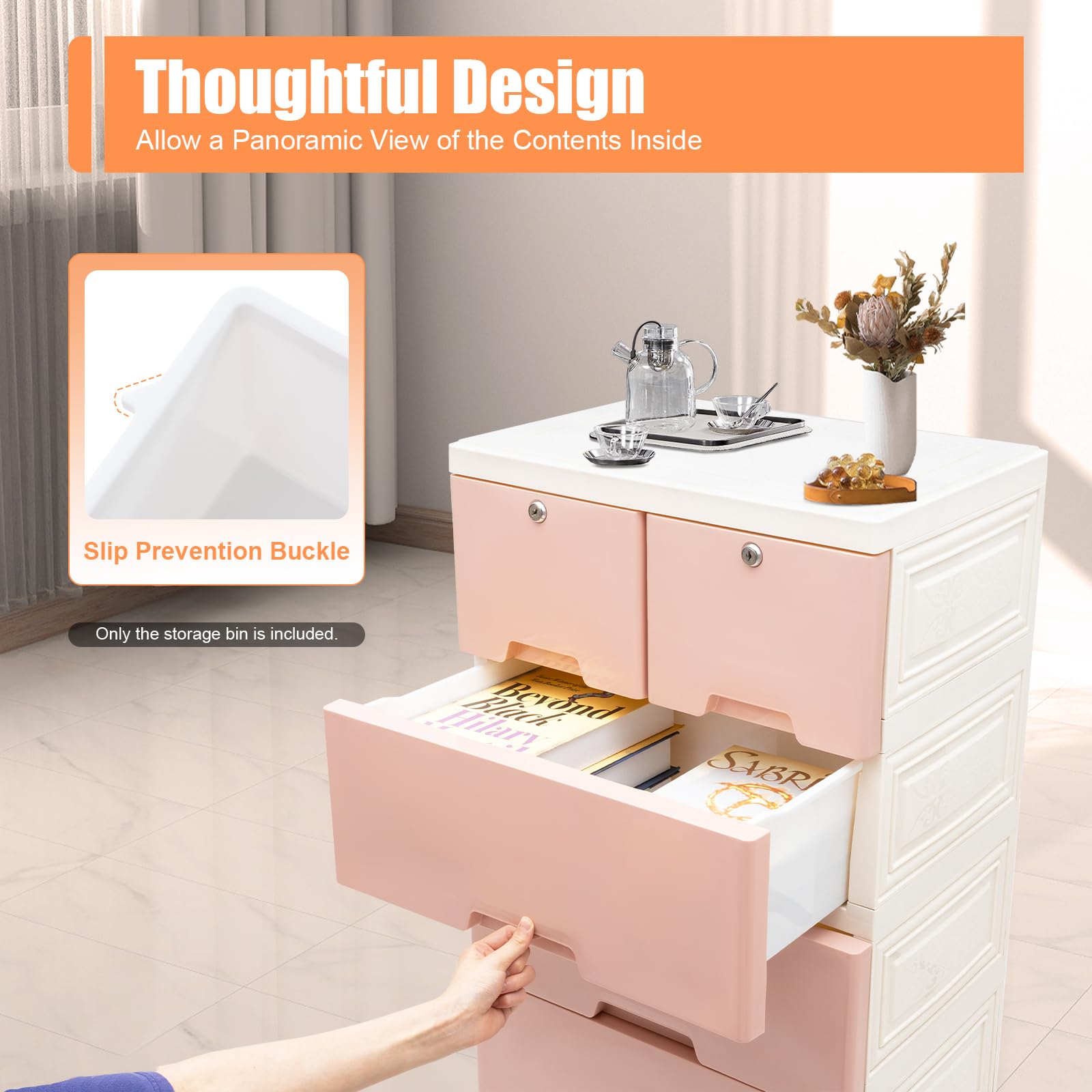6-Drawer Rolling Dresser with Lock - Plastic Storage Cabinet for Clothes, Modern Bedroom & Closet Organizer, Pink Fabric Dresser for Bedroom, Office, Nursery & Dorm Organization - Space-Saving Storage Solution
