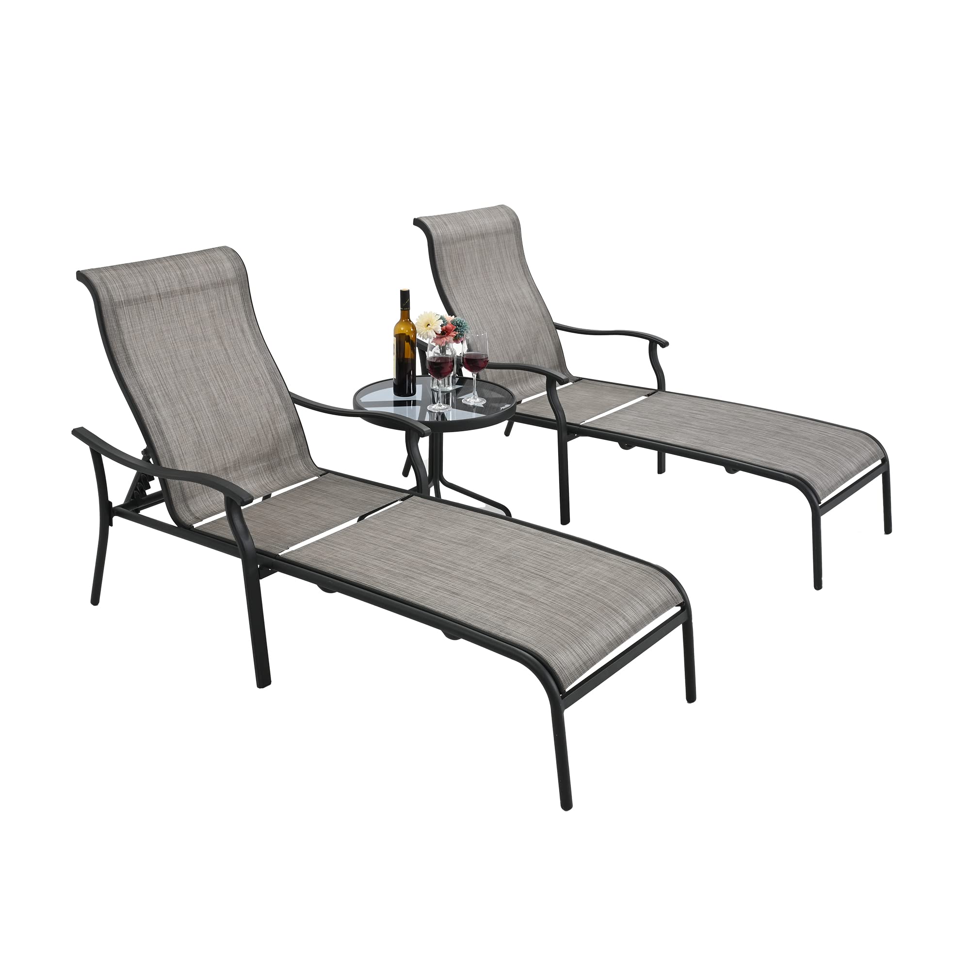 3-Piece Patio Chaise Lounge Set with Glass Coffee Table - Breathable Textilene Fabric Poolside Chairs for Backyard, Outdoor, Garden & Beach Relaxation (Gray)