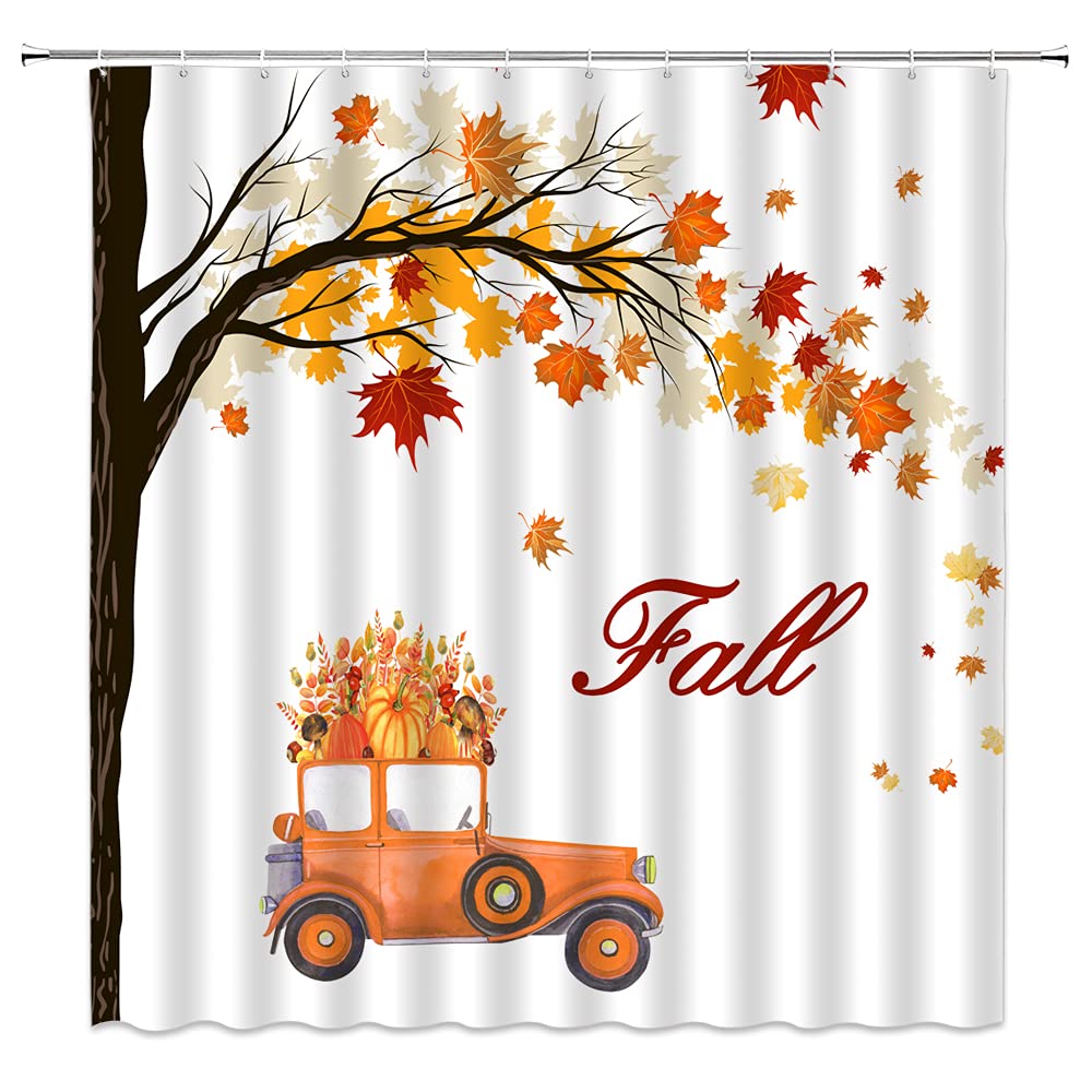 Autumn Maple Leaves Shower Curtain - Farmhouse Thanksgiving Decor with Pumpkin & Truck Design, 70x70 Inches Bathroom Set Includes Hooks | Perfect for Fall Season, Farmhouse Style Bathrooms & Cozy Home Decor