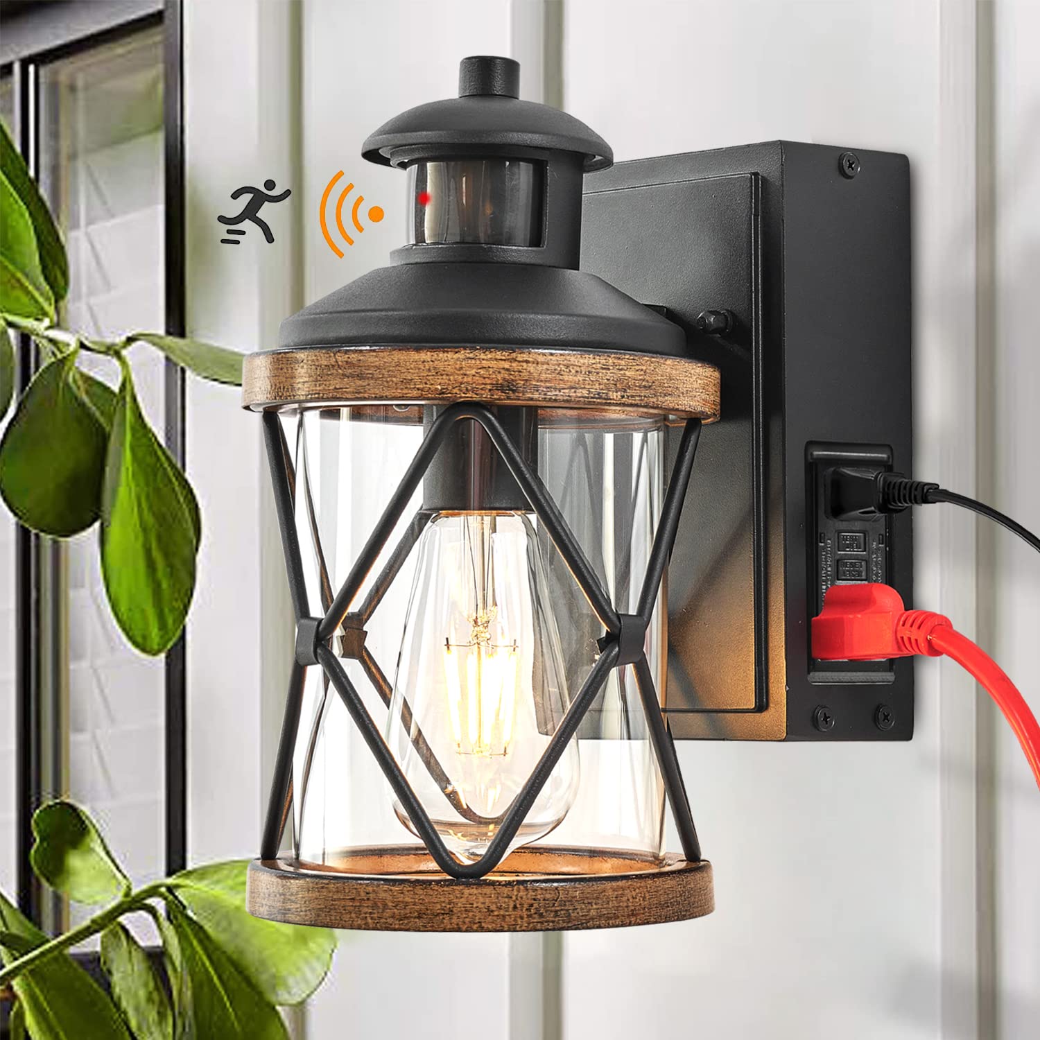 Dusk to Dawn Motion Sensor Outdoor Porch Light with GFCI Outlet - Waterproof Anti-Rust Industrial Exterior Wall Lantern - UL ETL Certified - Perfect for Patio, Garage, Garden & Backyard Security Lighting