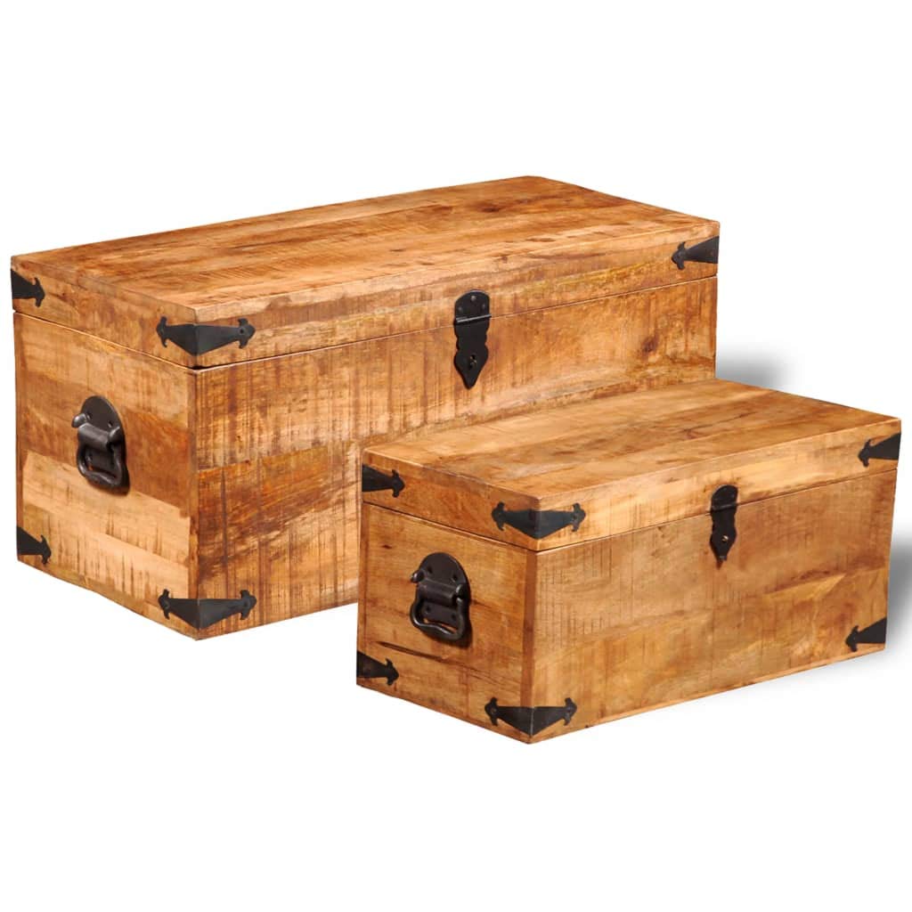 2-Piece Mango Wood Storage Chest Set - Toy Box, Storage Basket & Retro Entryway Bench - Large Sturdy Trunk for Living Room & Bedroom - Easy Assembly - Perfect for Organizing Toys, Blankets & Home Decor