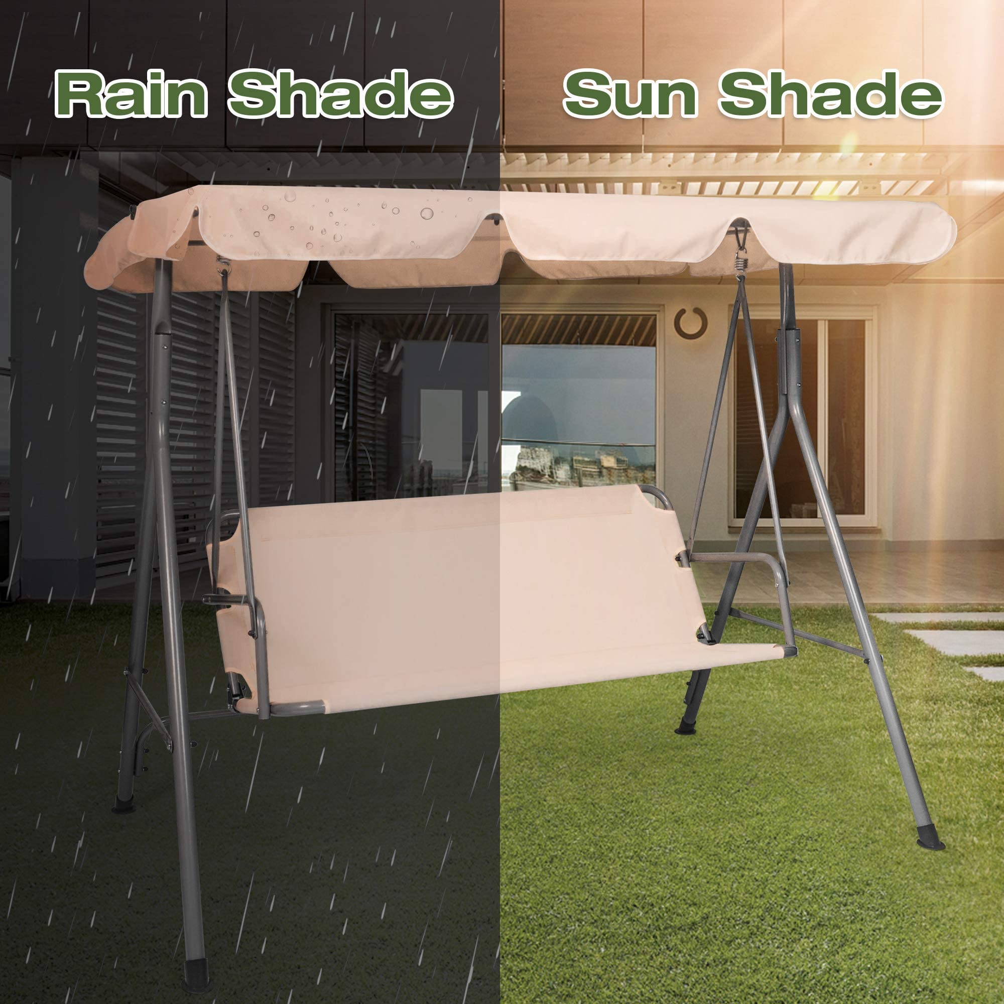 3-Person Outdoor Swing Chair with Adjustable Canopy - Heavy Duty Hammock Seats for Patio, Porch, Garden - Beige - Perfect for Relaxing, Lounging & Backyard Gatherings