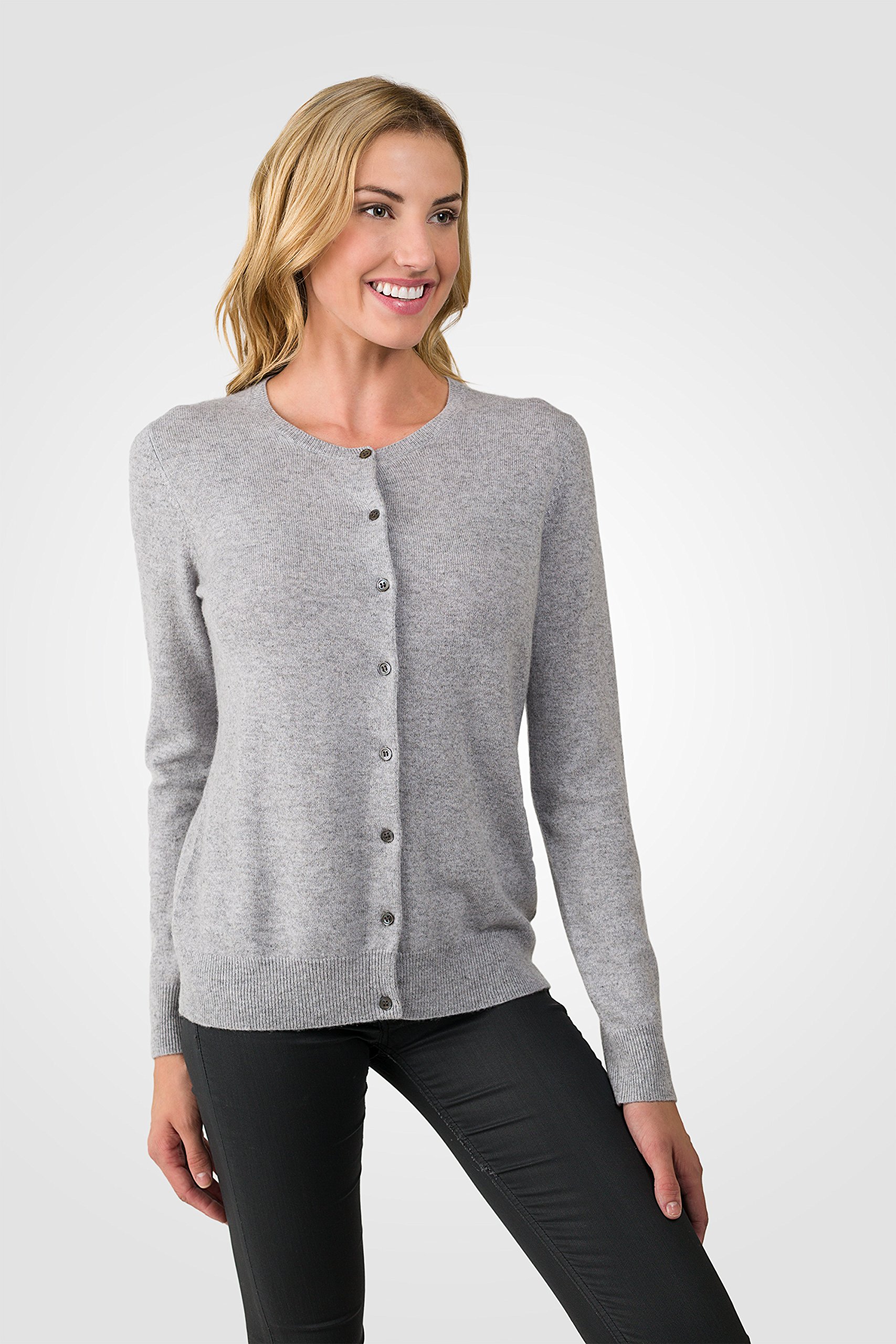 JENNIE LIU Women's 100% Cashmere Button Front Long Sleeve Crewneck Cardigan Sweater | Soft Warm Winter Knitwear | Perfect for Office, Date Night & Cozy Home Wear