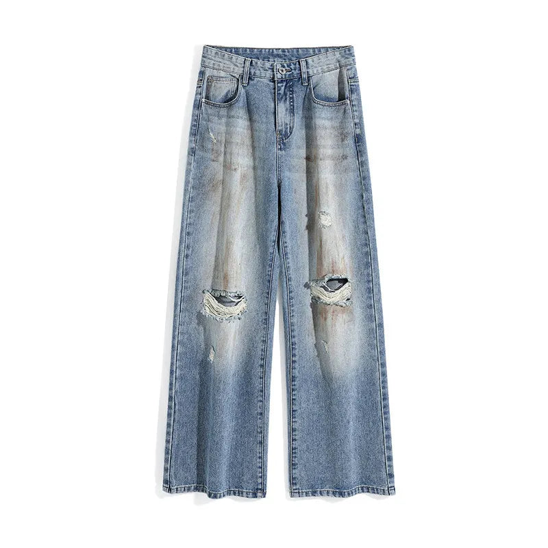 American Men's Distressed Denim Pants - High Street Fashion Straight Wide Leg Jeans with Hole Design (Style 9W1671) | Casual Wear, Street Style & Everyday Outfits
