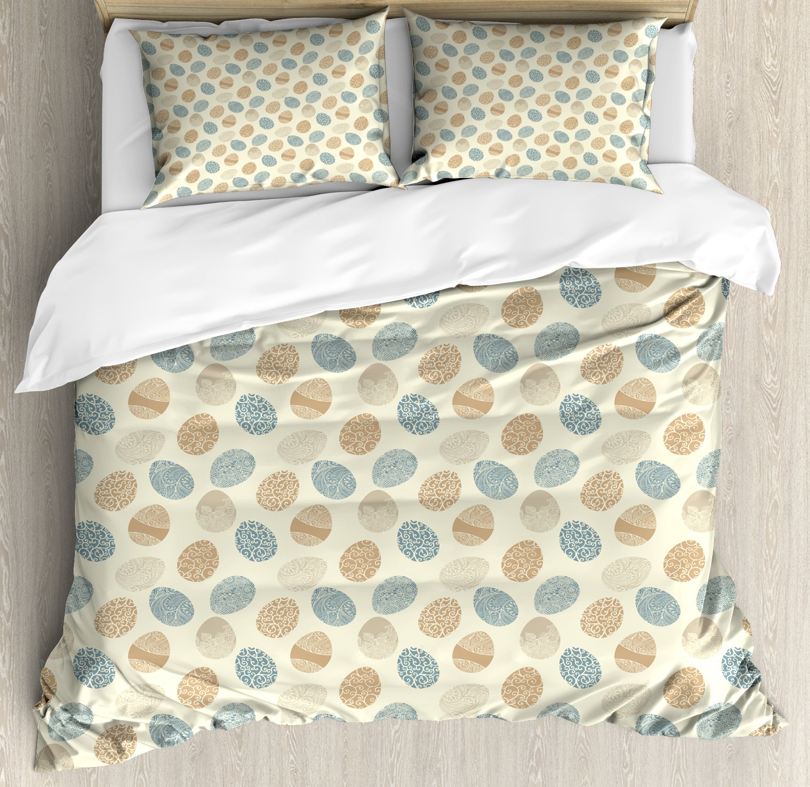Ambesonne Easter Duvet Cover Set - Floral Design 3-Piece Queen Bedding with 2 Pillow Shams in Pale Yellow & Slate Blue | Spring Home Decor, Holiday Bedroom Upgrade, Easter Gift Idea