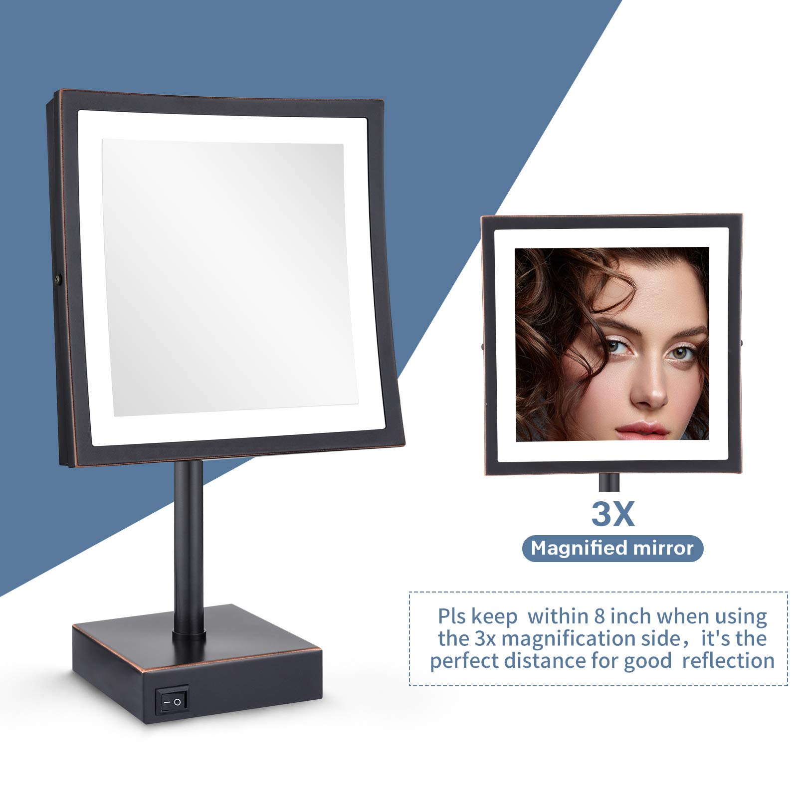 DOWRY 8 Inch LED Lighted 3X Magnifying Makeup Mirror with Plug - Square Vanity Mirror with Polished Oil Rubbed Bronze Finish (Model Dowry2205D-8x3) - Perfect for Makeup Application, Skincare Routine, and Detailed Beauty Grooming