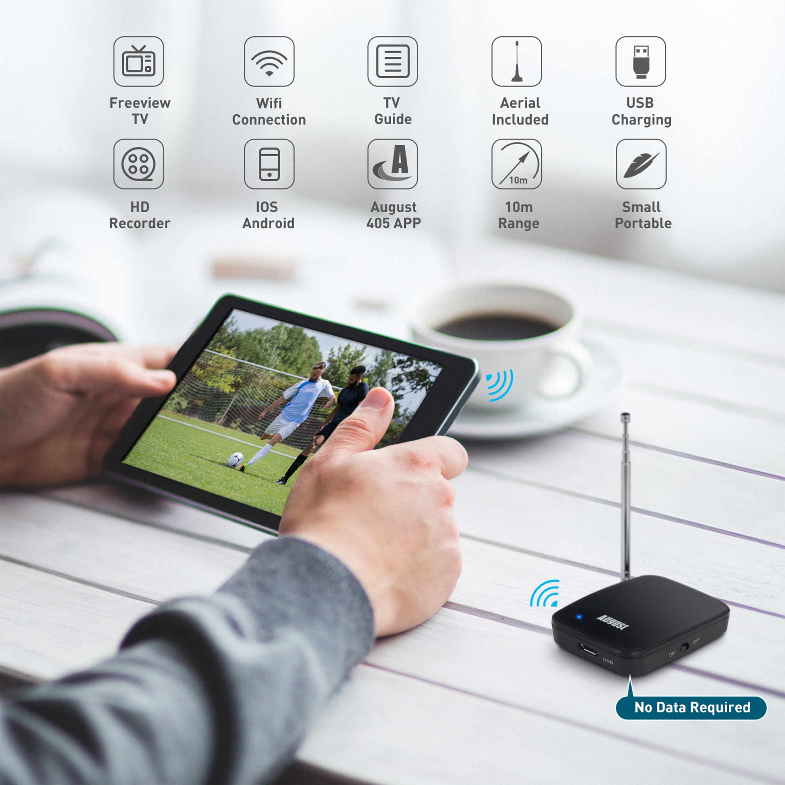 Portable Digital TV Tuner Receiver for Apple, Android & Chromebooks - WiFi DVB-T2 Freeview HD - Watch Live TV Anywhere | Perfect for Travel, Camping & Outdoor Entertainment