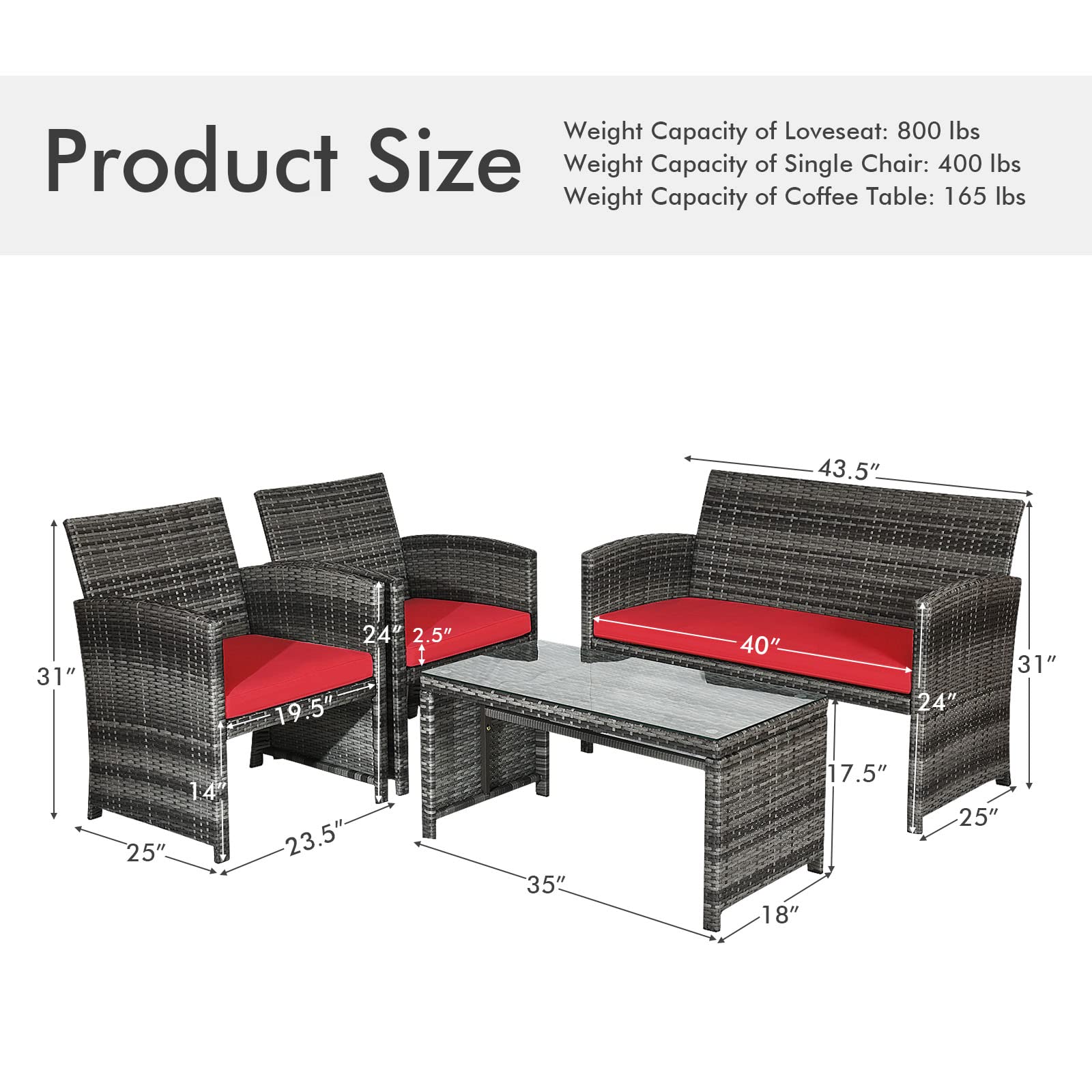 Goplus 4-Piece Rattan Patio Furniture Set - Outdoor Wicker Conversation Sofa with Weather-Resistant Cushions & Tempered Glass Tabletop - Perfect for Lawn, Backyard, Poolside, Garden, or Patio (Red)