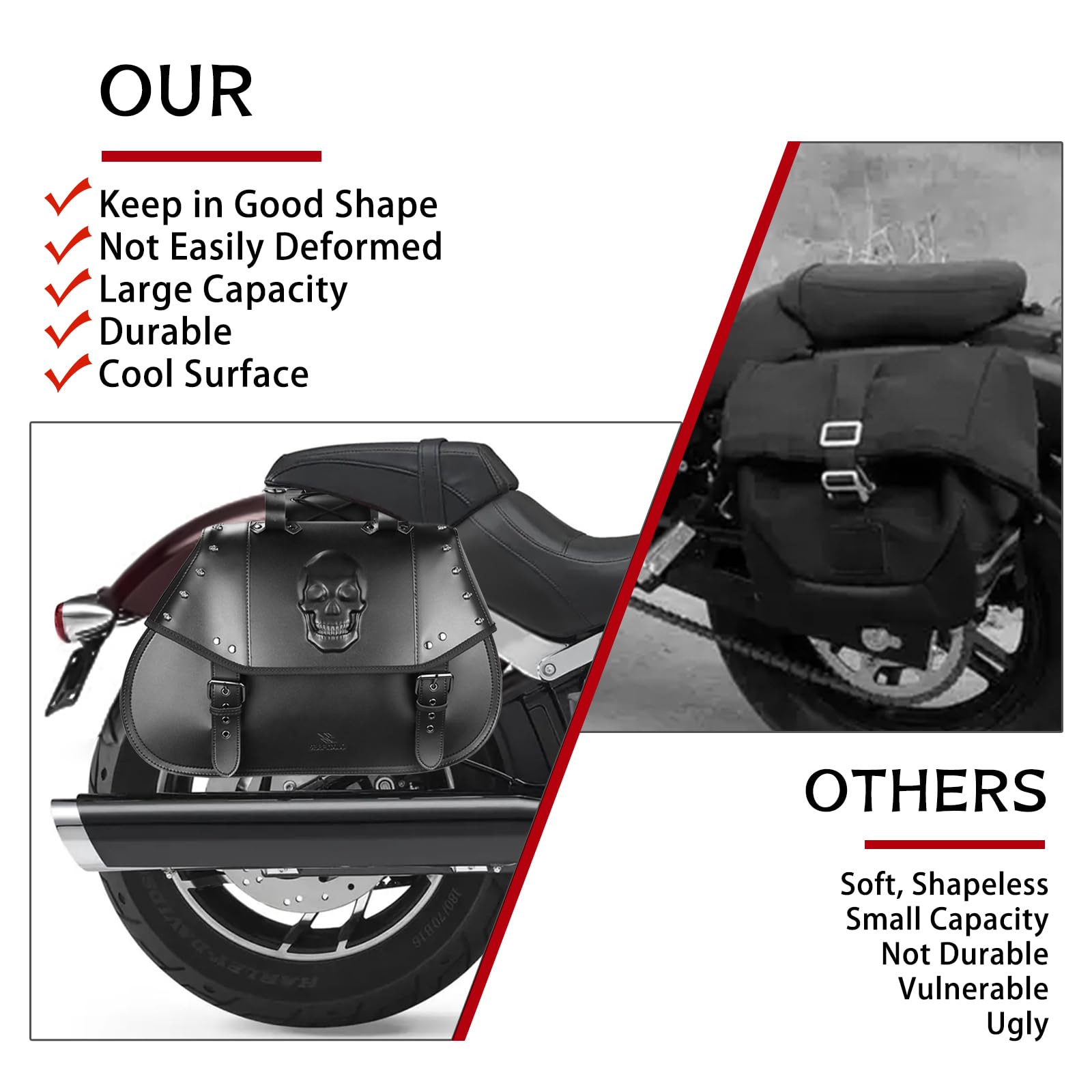 34L Large Capacity Waterproof Motorcycle Saddlebags - PU Leather Side Bags for Harley, Honda, Yamaha, Kawasaki (3D Skull Design, Black) | Perfect for Long Rides, Road Trips & Daily Commuting