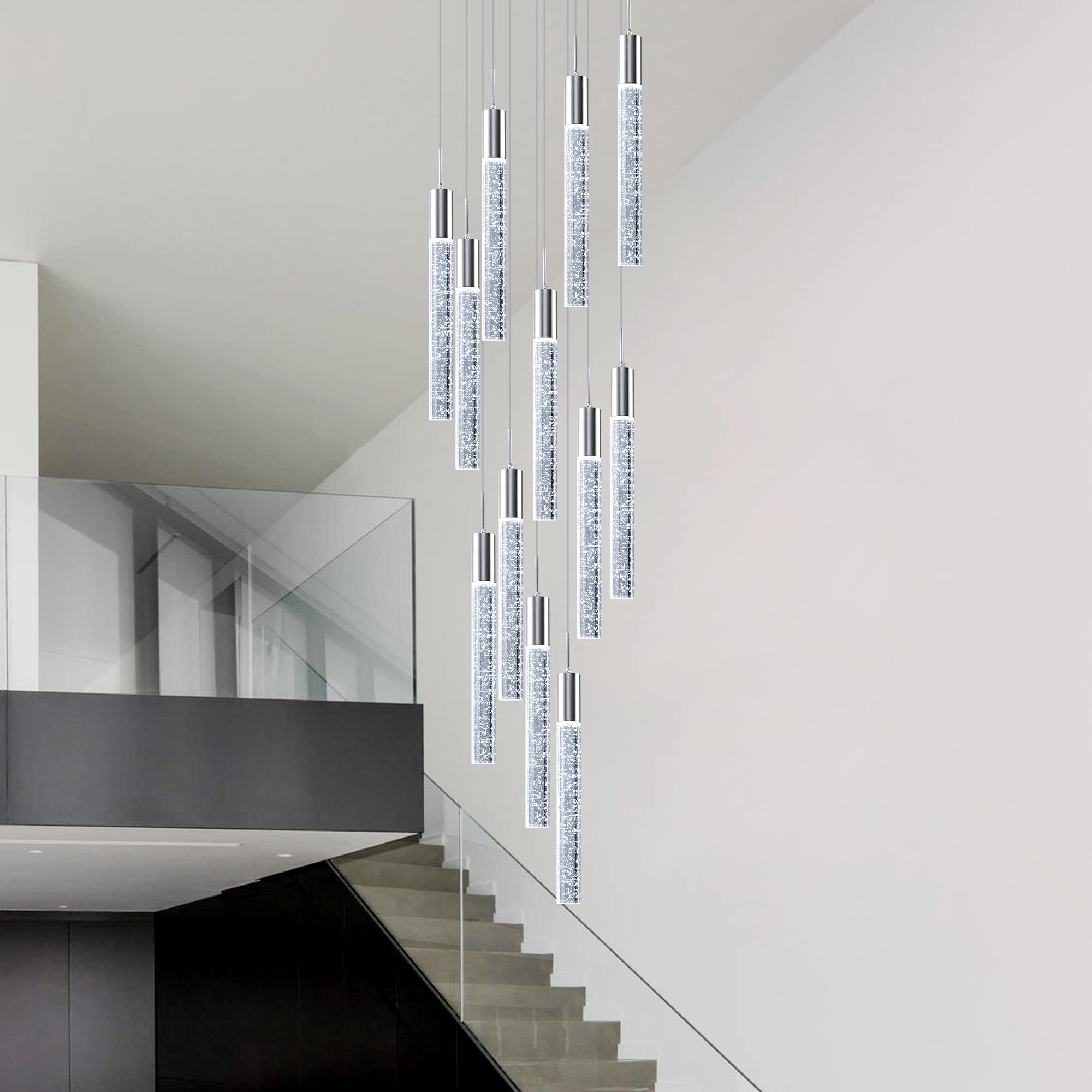 Modern 12-Light Crystal Chandelier for High Ceilings - Large Spiral LED Raindrop Pendant Light with Chrome Finish | Perfect for Foyer, Staircase, Living Room & Dining Room Lighting