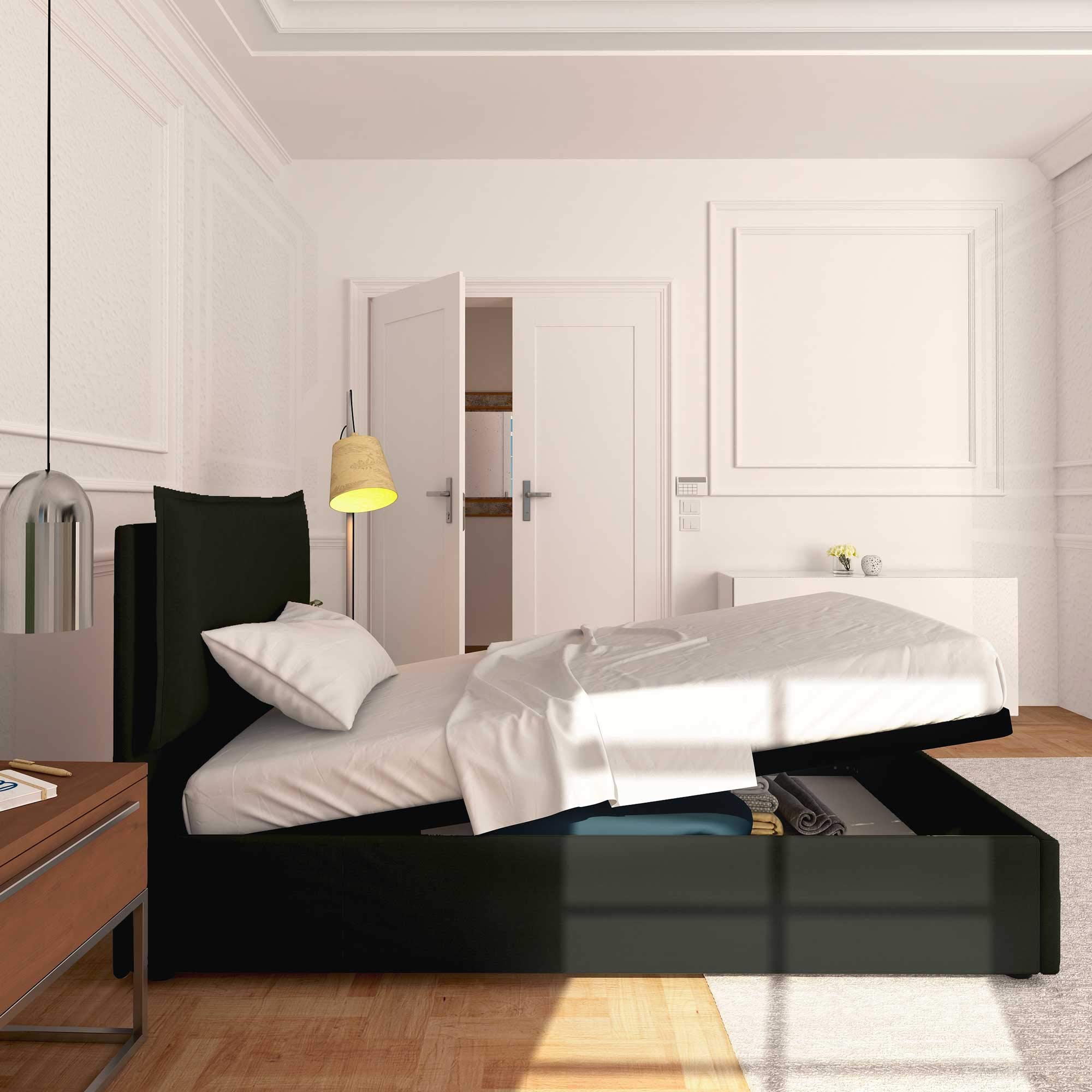 Baldiflex Licia Synthetic Leather Square and Half Bed with Storage, Slatted Base for Square and Half Mattresses, 120 x 200 cm, Finely Padded Headboard, Black - Perfect for Modern Bedrooms, Guest Rooms & Small Spaces