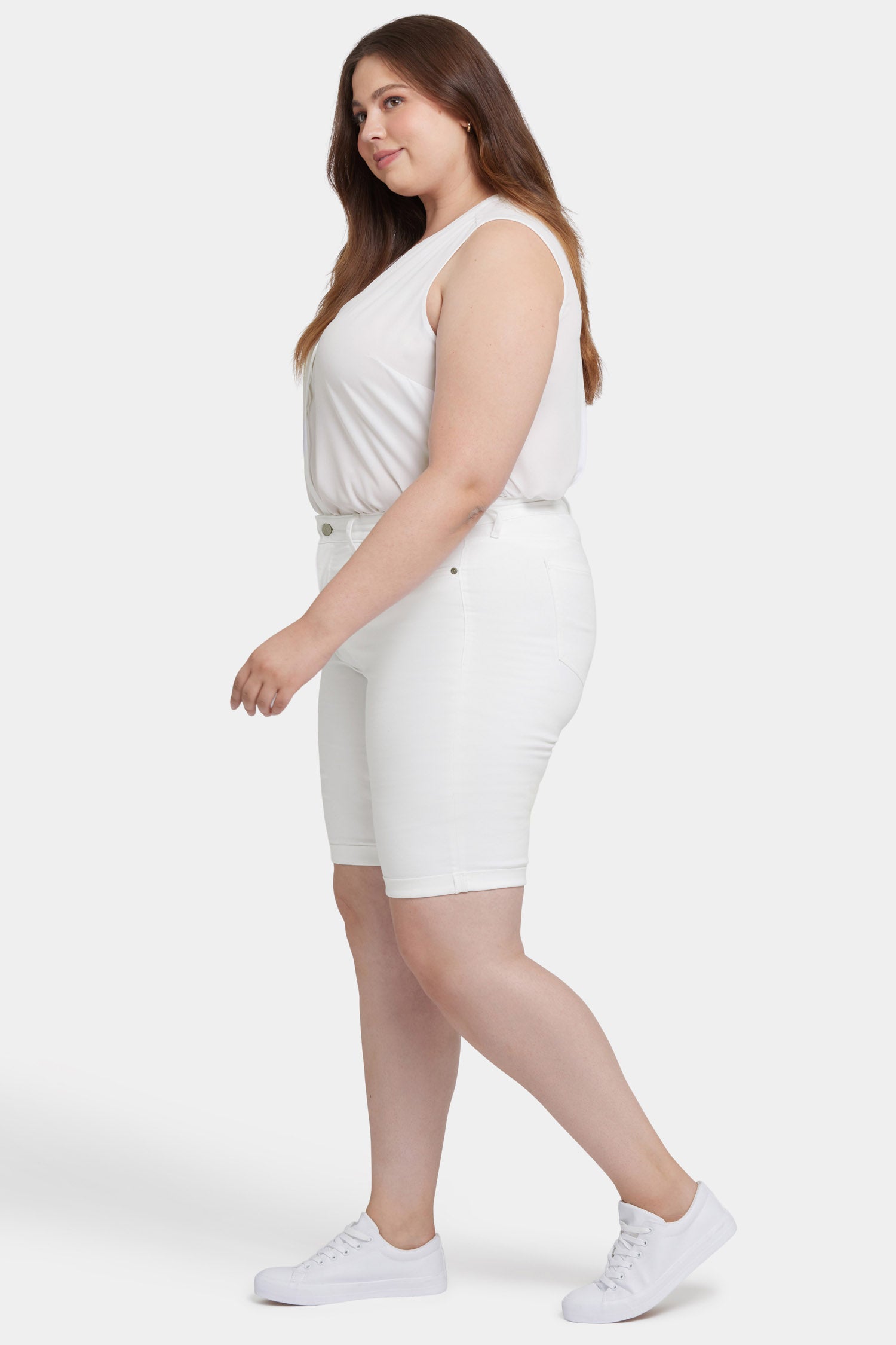 Briella 11 Inch Denim Shorts for Women - Plus Size High Waisted Stretch Shorts in Optic White | Perfect for Summer, Beach, and Casual Outfits